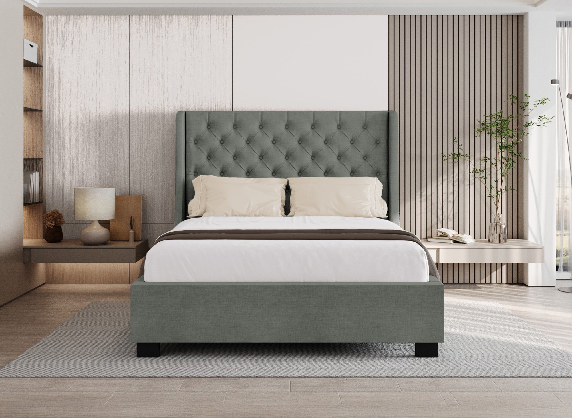 Cama tapizada con almacenaje FLORINE de 140 x 190 cm en tela de lino gris