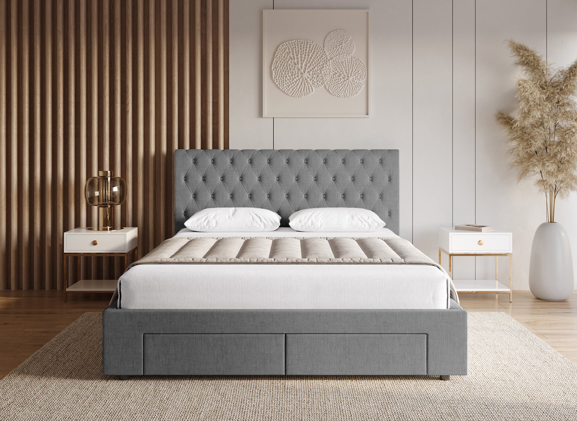 Cama doble con 4 cajones en lino gris 140x190 cm LEANDRÉ