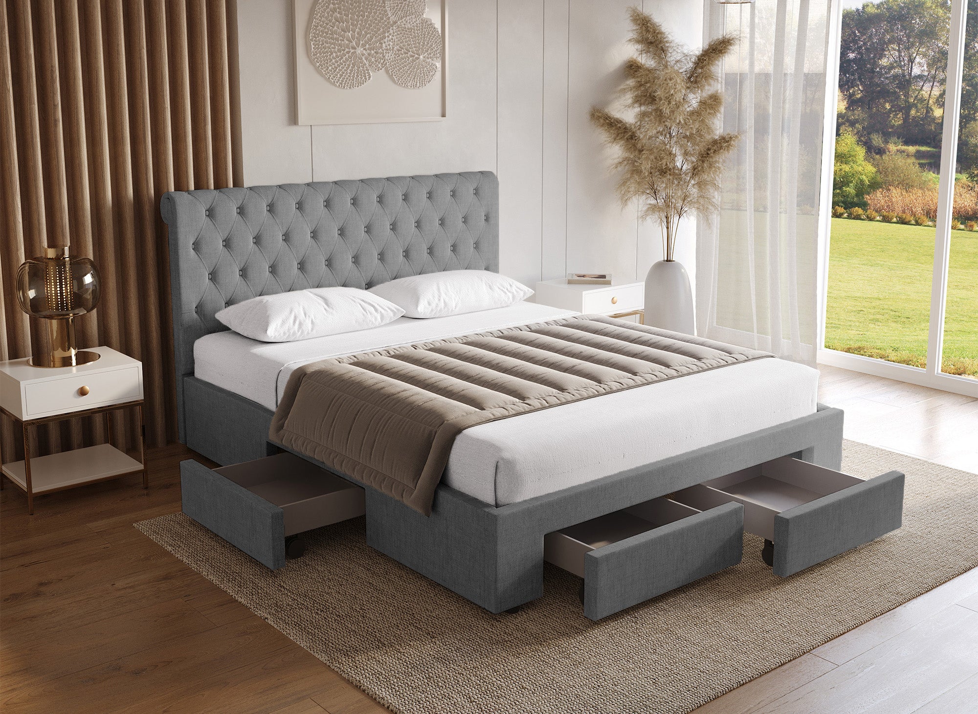 Cama doble con 4 cajones en lino gris 140x190 cm LEANDRÉ