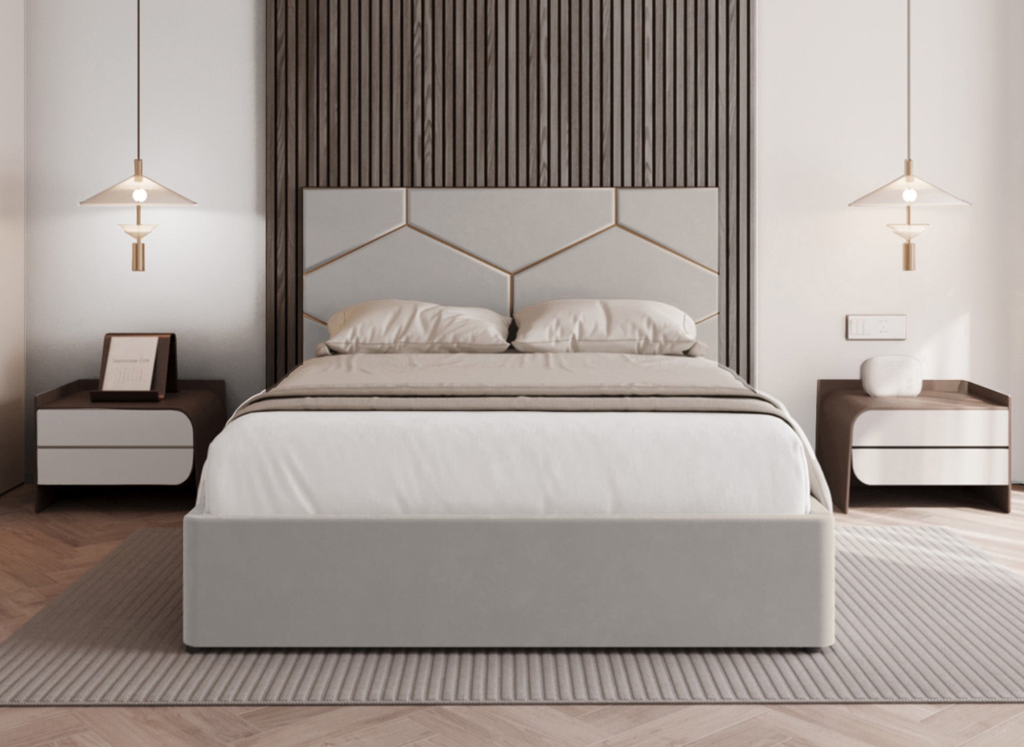 Cama de diseño LARA de 180 x 200 cm con cabecero de terciopelo color topo para almacenaje