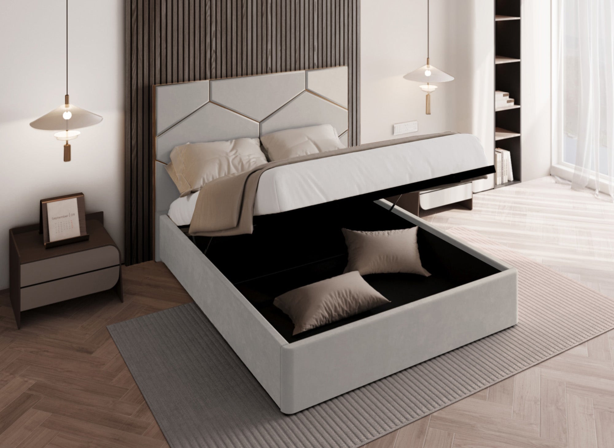 Cama de diseño LARA de 180 x 200 cm con cabecero de terciopelo color topo para almacenaje