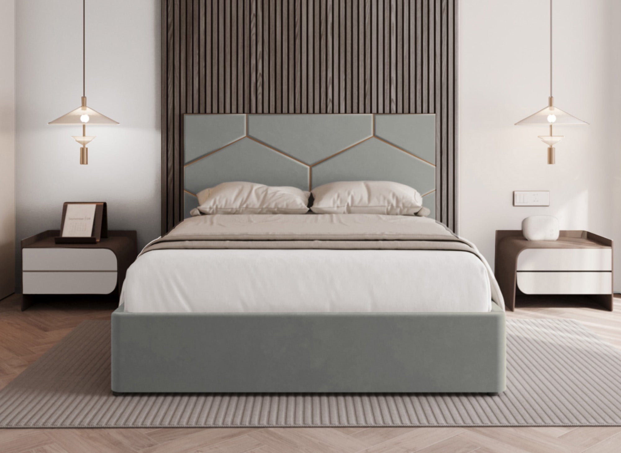 Cama de diseño LARA de 140 x 190 cm con almacenaje y cabecero en terciopelo gris