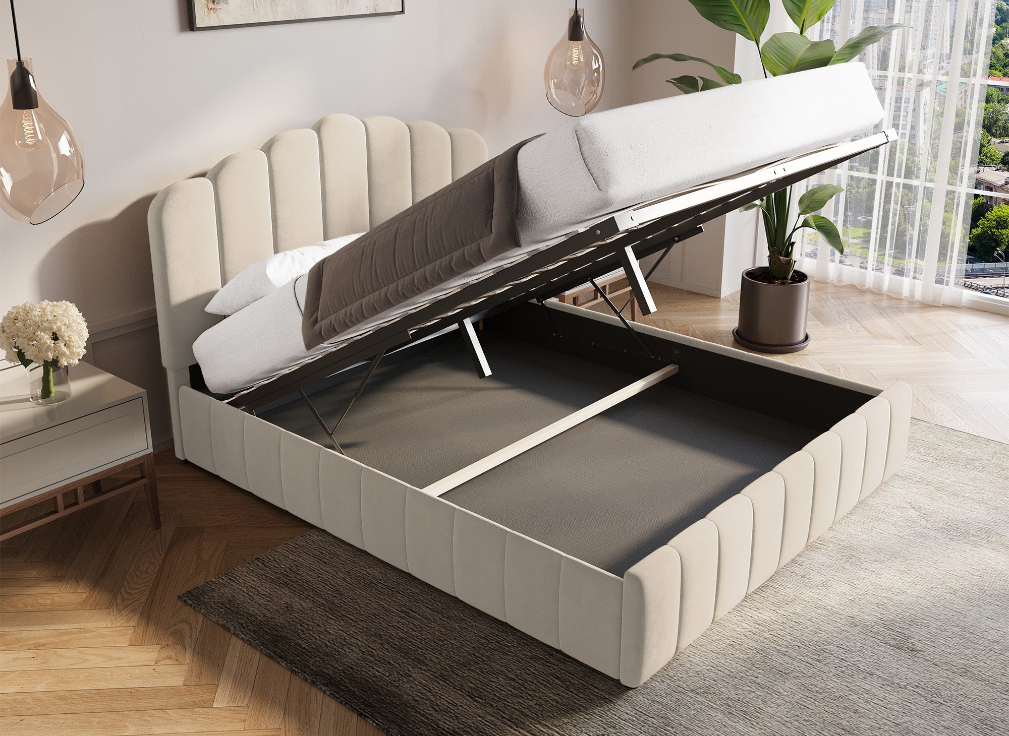 Cama Elvira de terciopelo beige con almacenaje, 140x190 cm