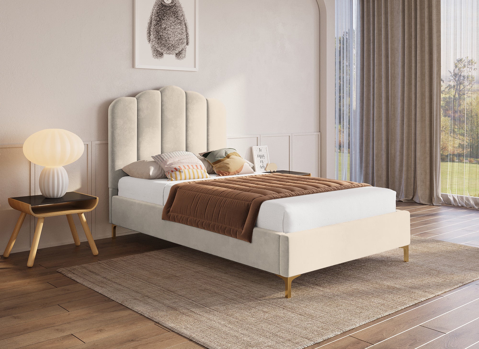 Cama individual MARION en terciopelo beige, 90x190 cm