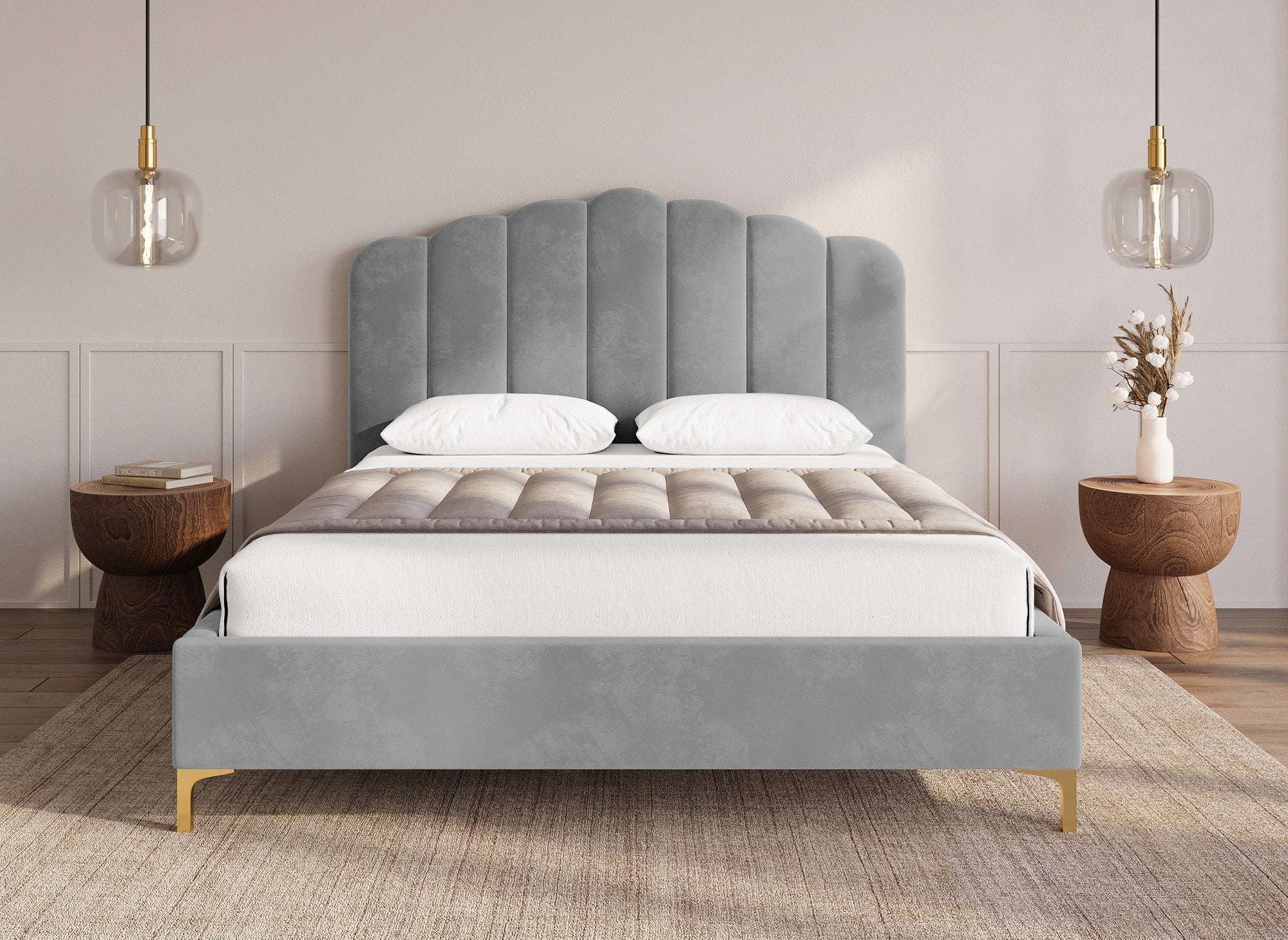 Cama doble MARION de terciopelo gris, 140 x 190 cm