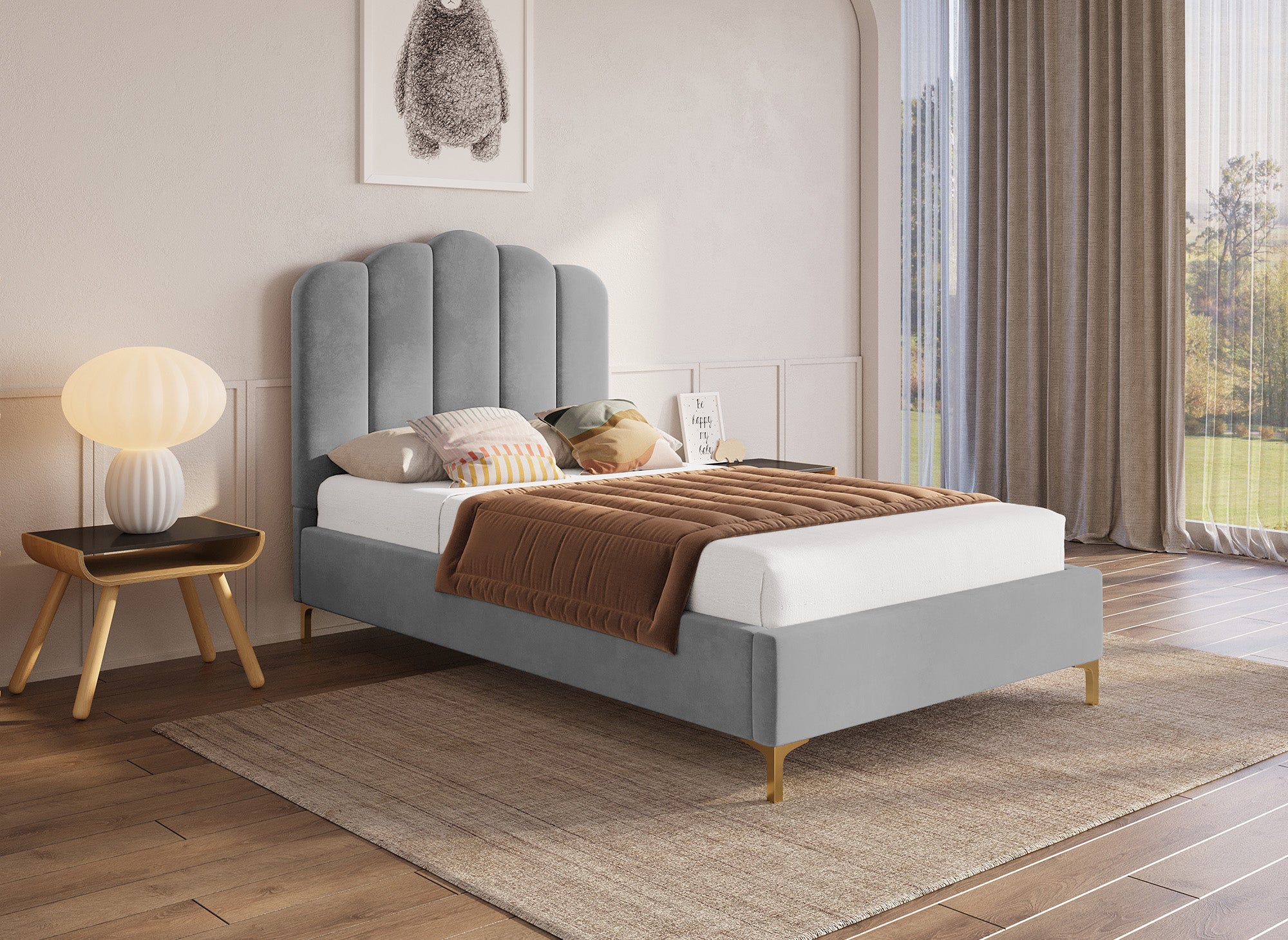 Cama individual MARION en terciopelo gris, 90x190 cm