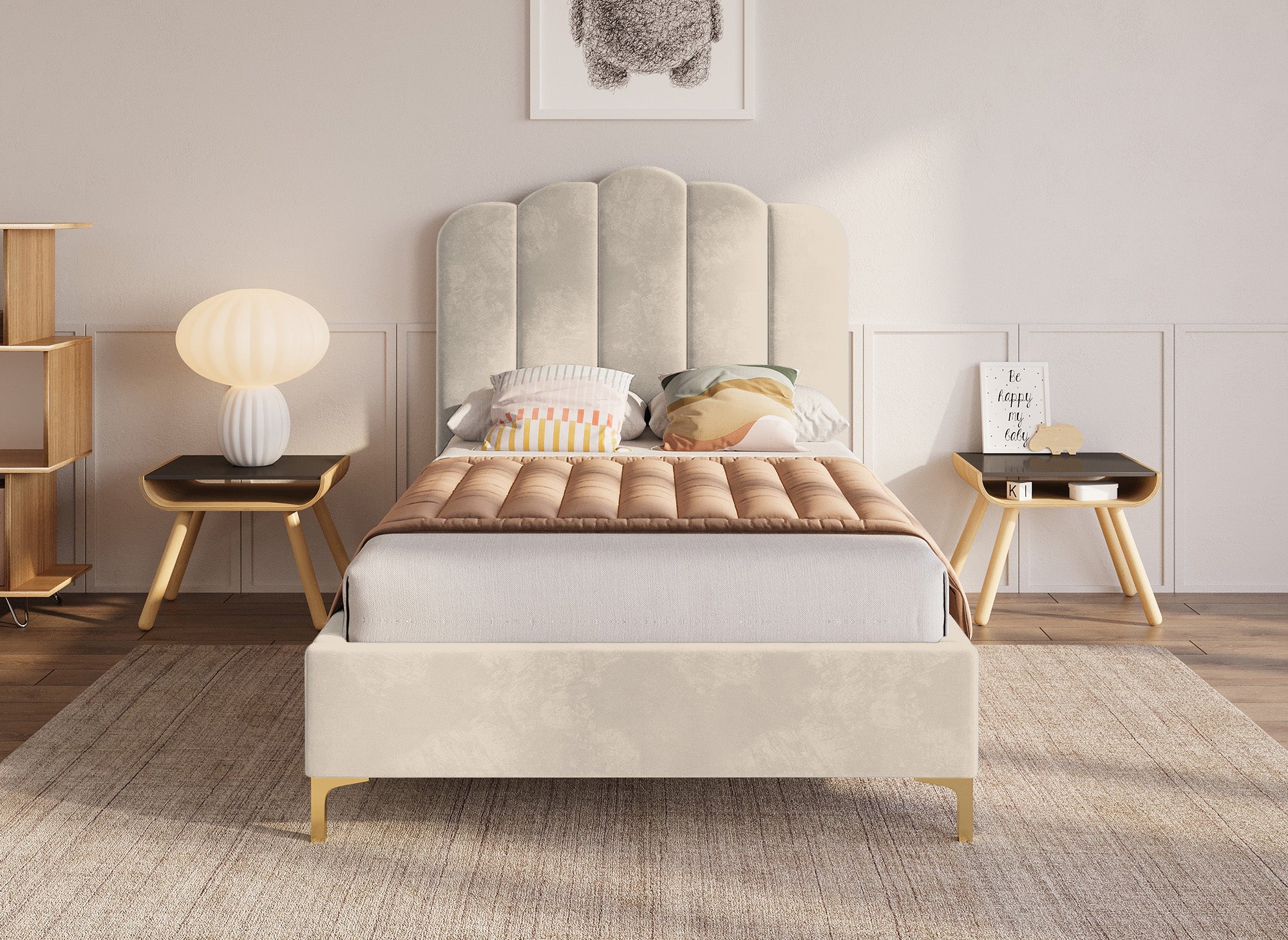Cama individual MARION en terciopelo beige, 90x190 cm
