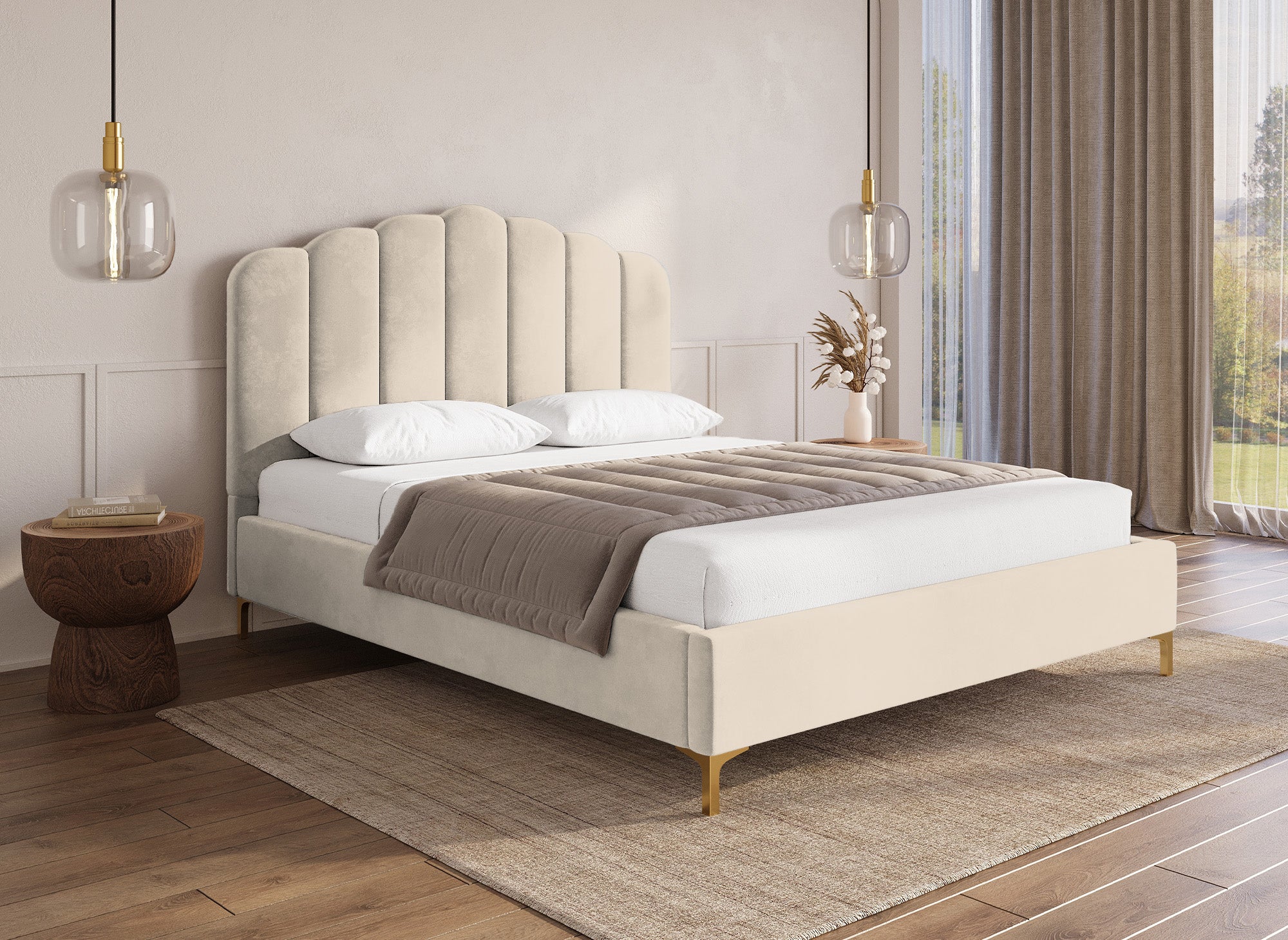 Cama doble MARION de terciopelo beige, 180 x 200 cm