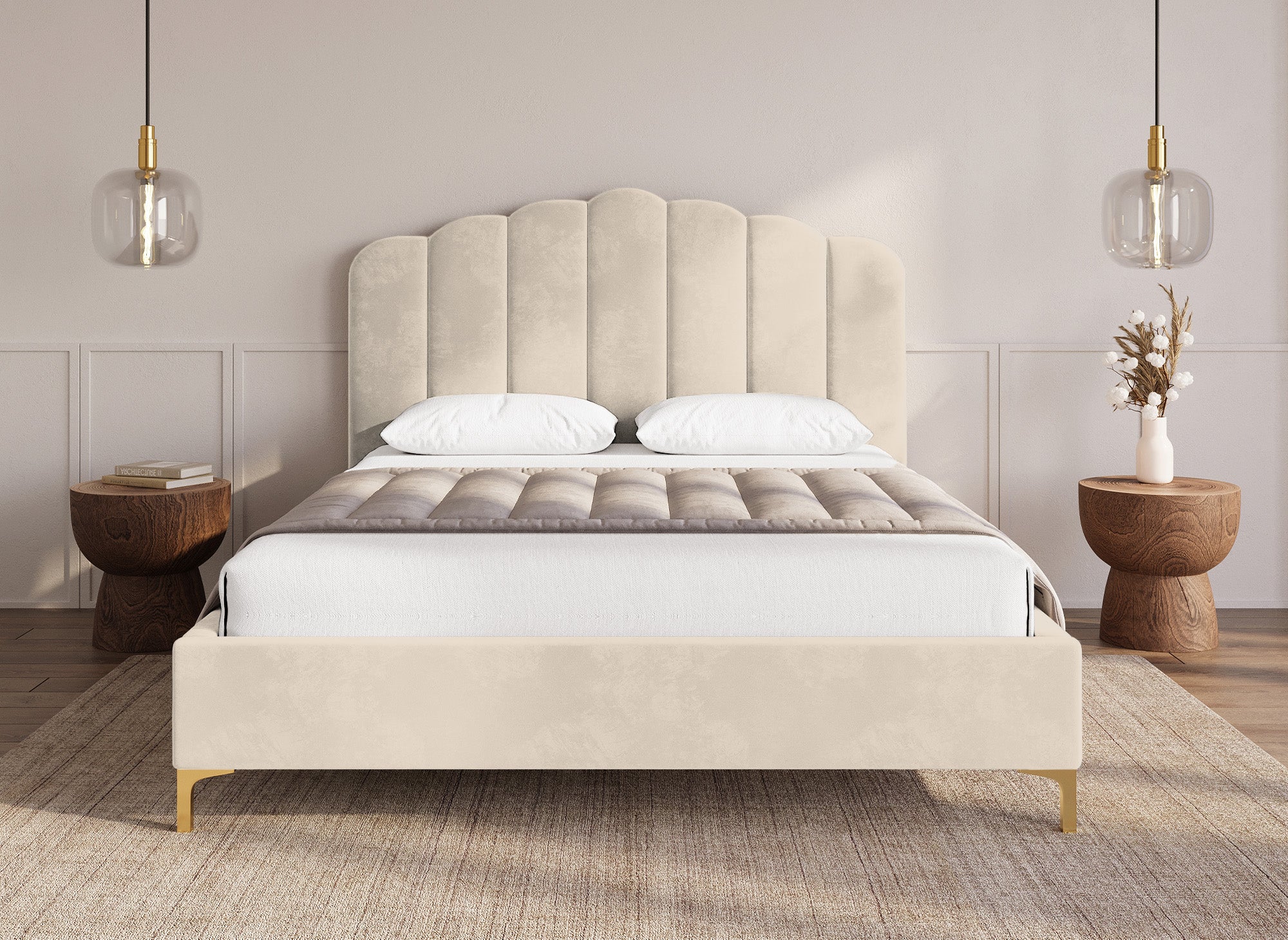 Cama doble MARION de terciopelo beige, 160 x 200 cm