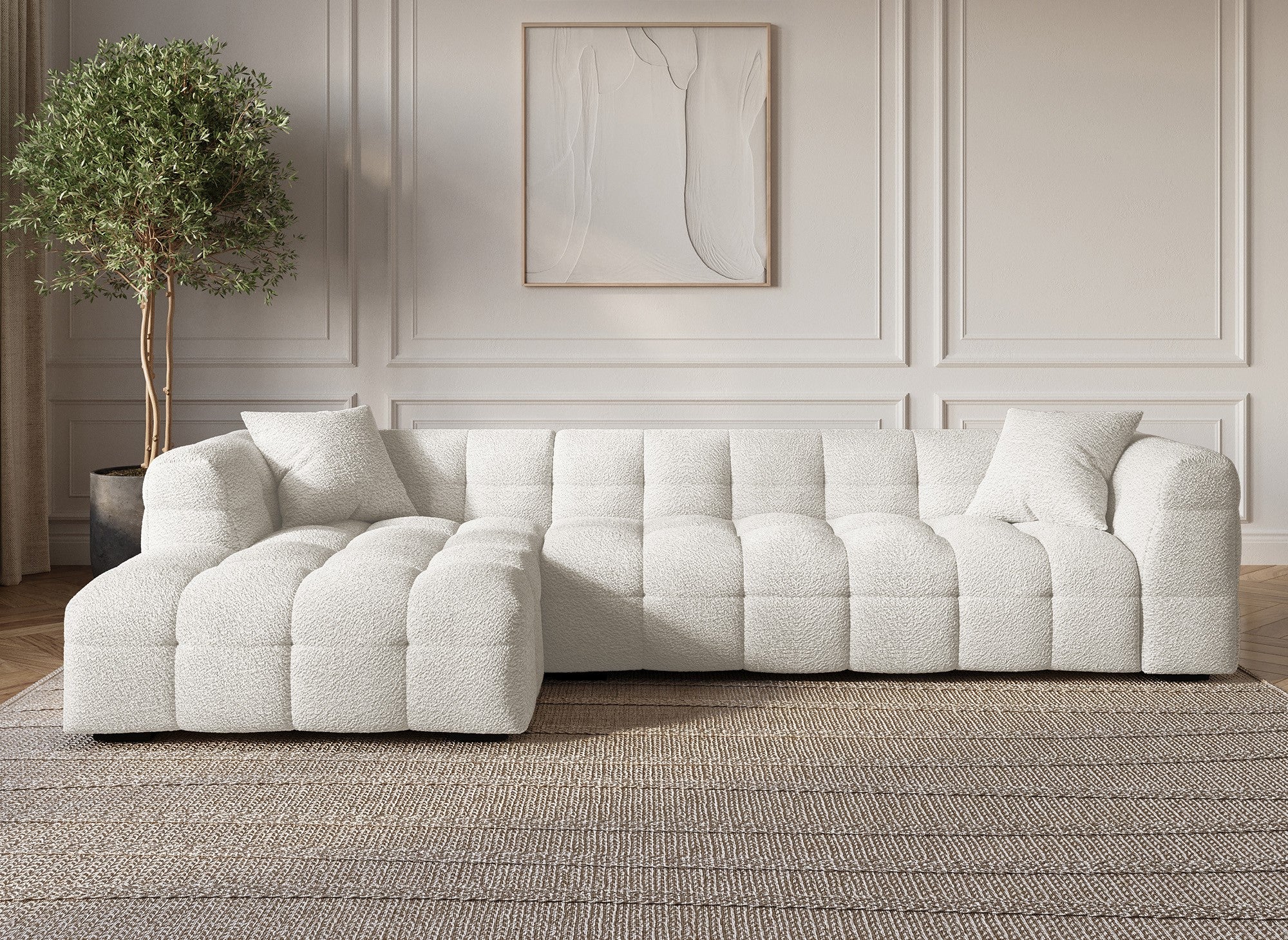 Sofá esquinero BELLA en efecto piel de oveja color blanco hueso - Esquina izquierda