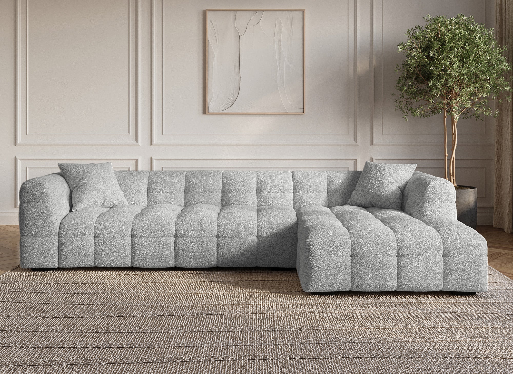 Sofá esquinero BELLA gris con efecto piel de oveja - Esquina derecha