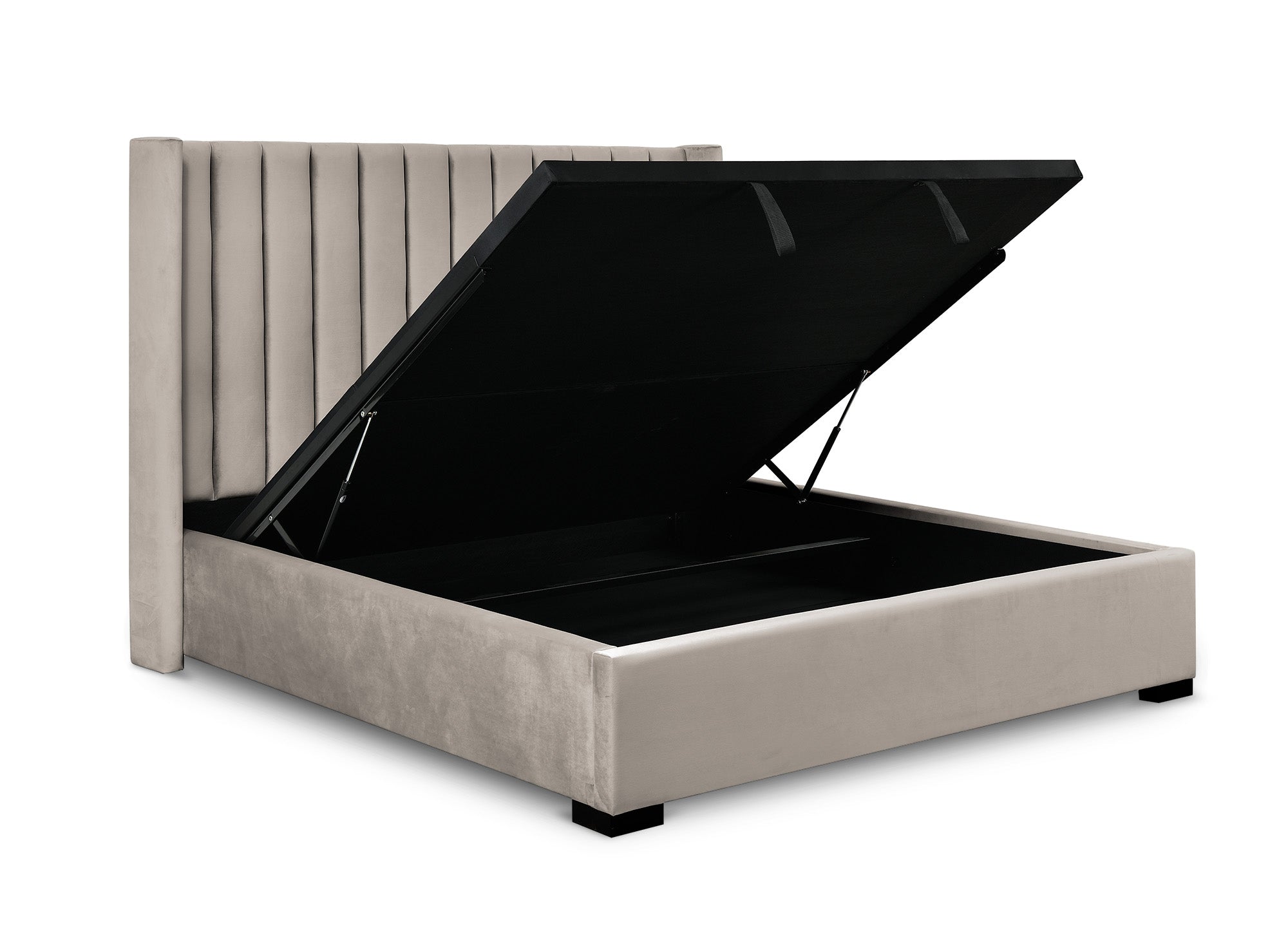 Cama con almacenaje ALENA de terciopelo color topo, 180x200 cm