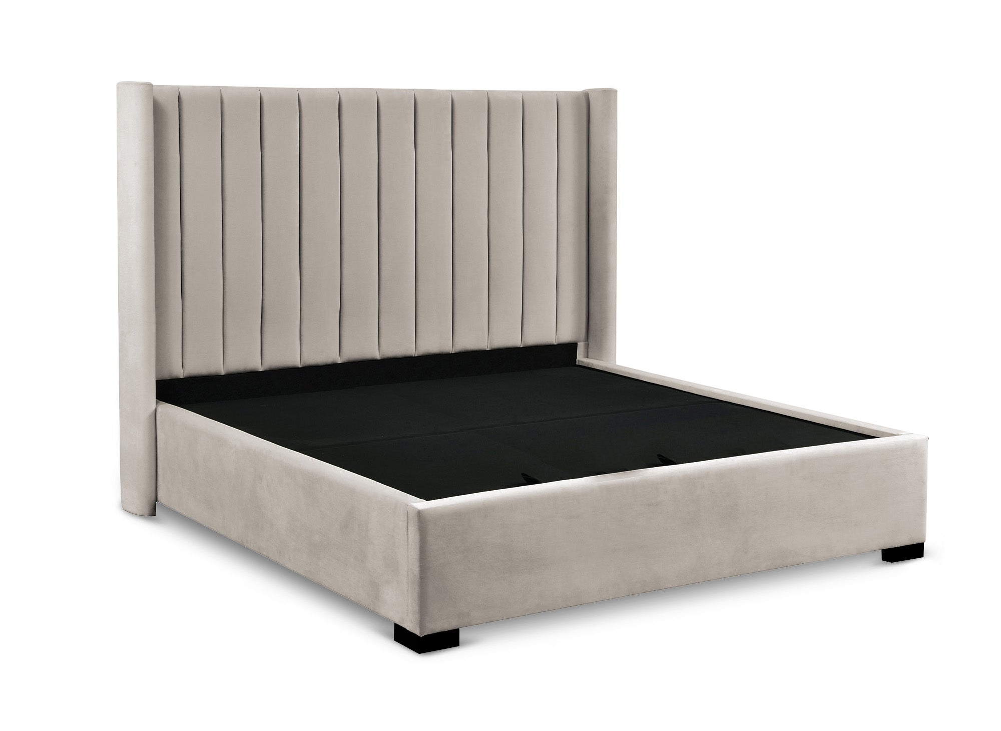 Cama con almacenaje ALENA de terciopelo color topo, 180x200 cm