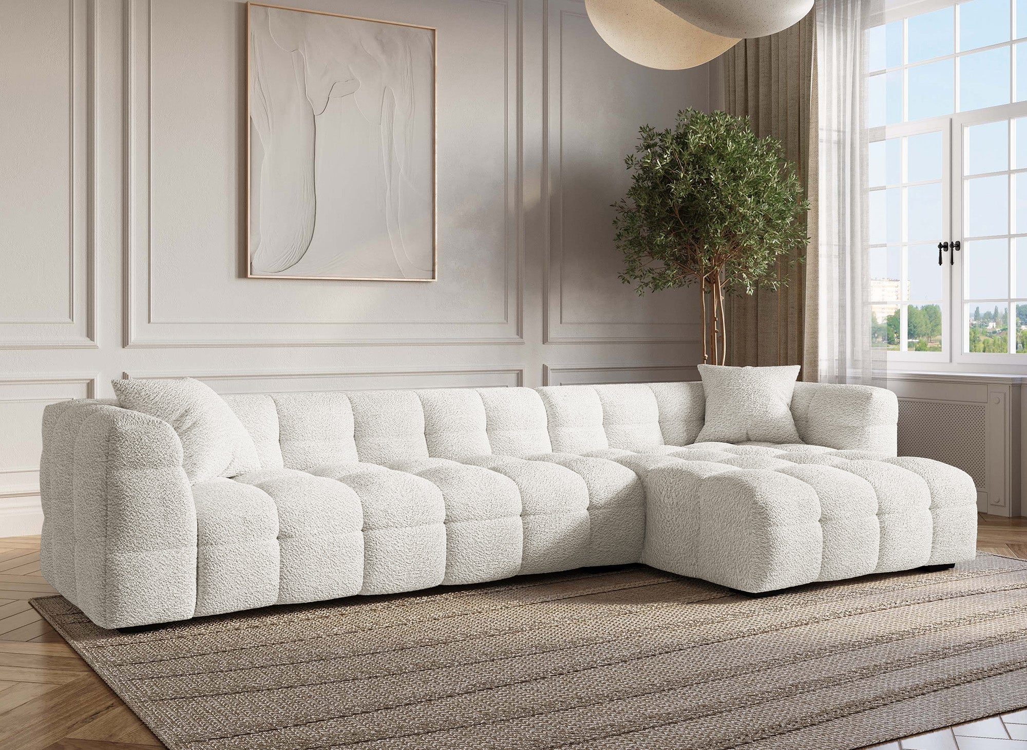 Sofá esquinero BELLA color blanco hueso con efecto piel de oveja - Esquina derecha