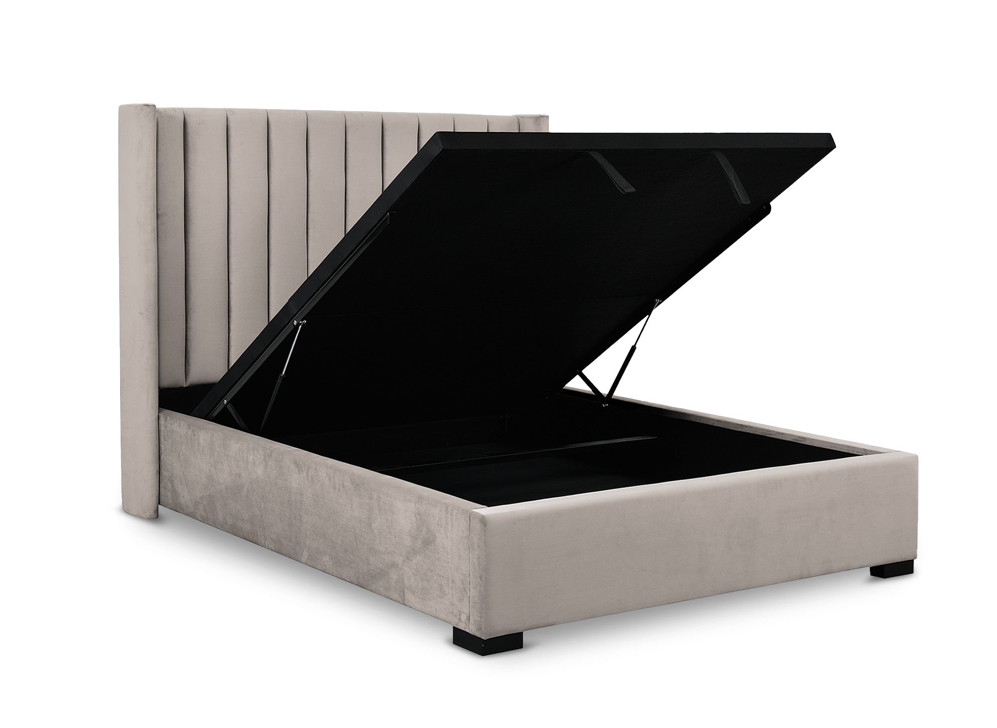 Cama con almacenaje ALENA de terciopelo color topo, 160x200 cm