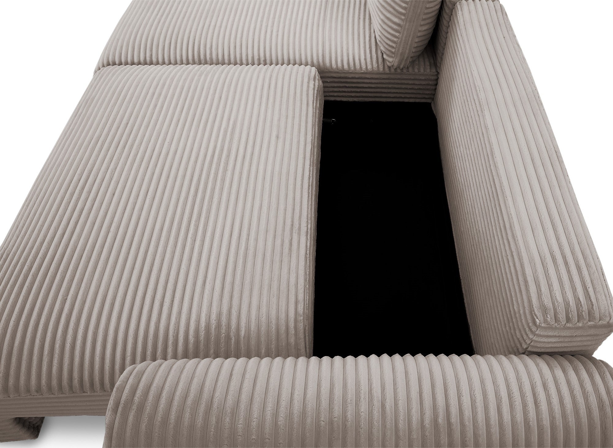 Sofá cama esquinero TILDA con almacenaje en pana color topo suave - Esquina izquierda