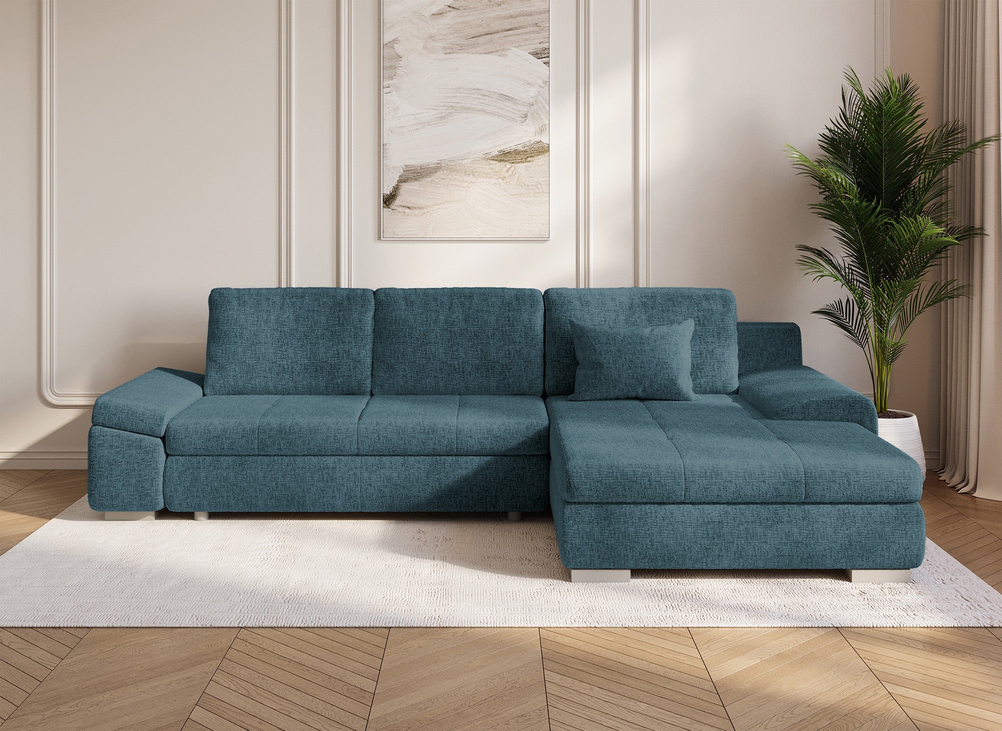 Sofá esquinero convertible reversible SOLEA con almacenaje en terciopelo azul petróleo jaspeado