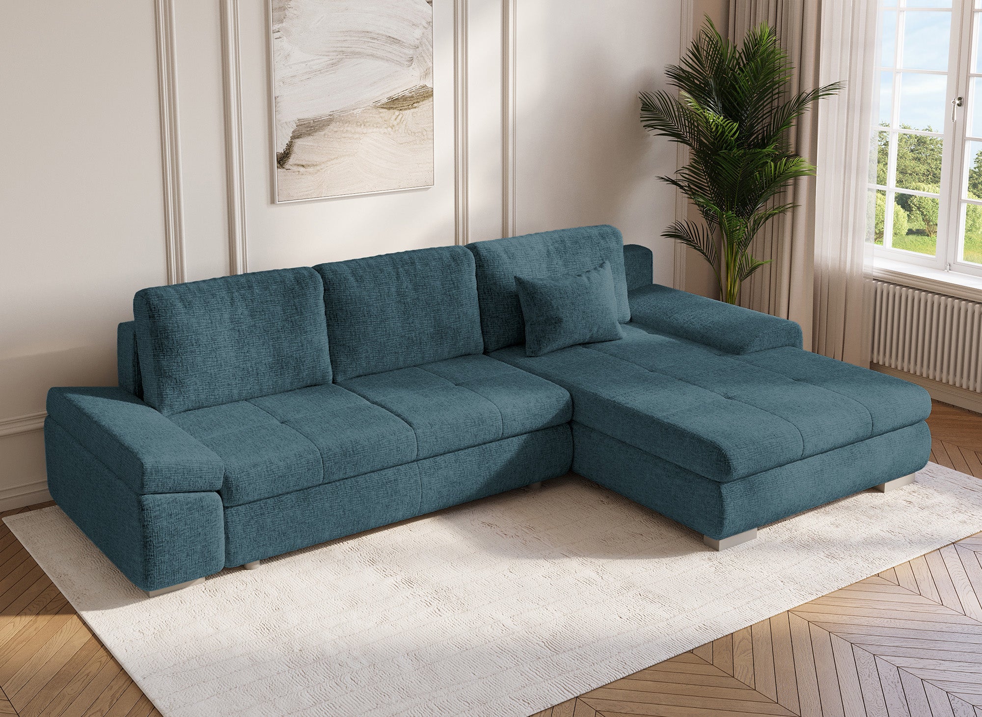 Sofá esquinero convertible reversible SOLEA con almacenaje en terciopelo azul petróleo jaspeado