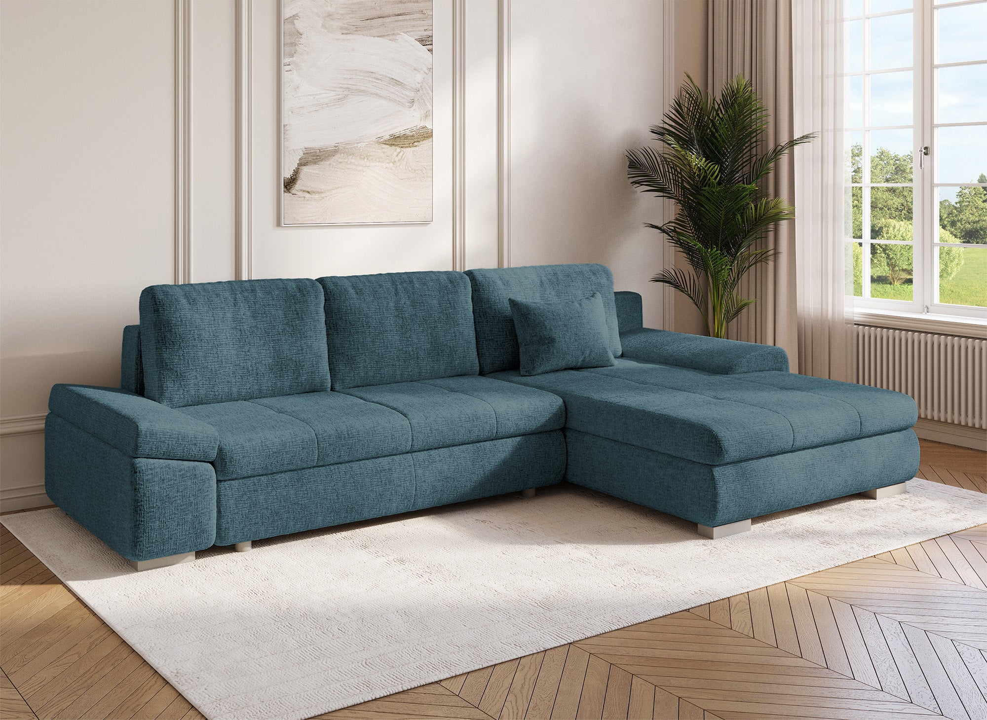 Sofá esquinero convertible reversible SOLEA con almacenaje en terciopelo azul petróleo jaspeado