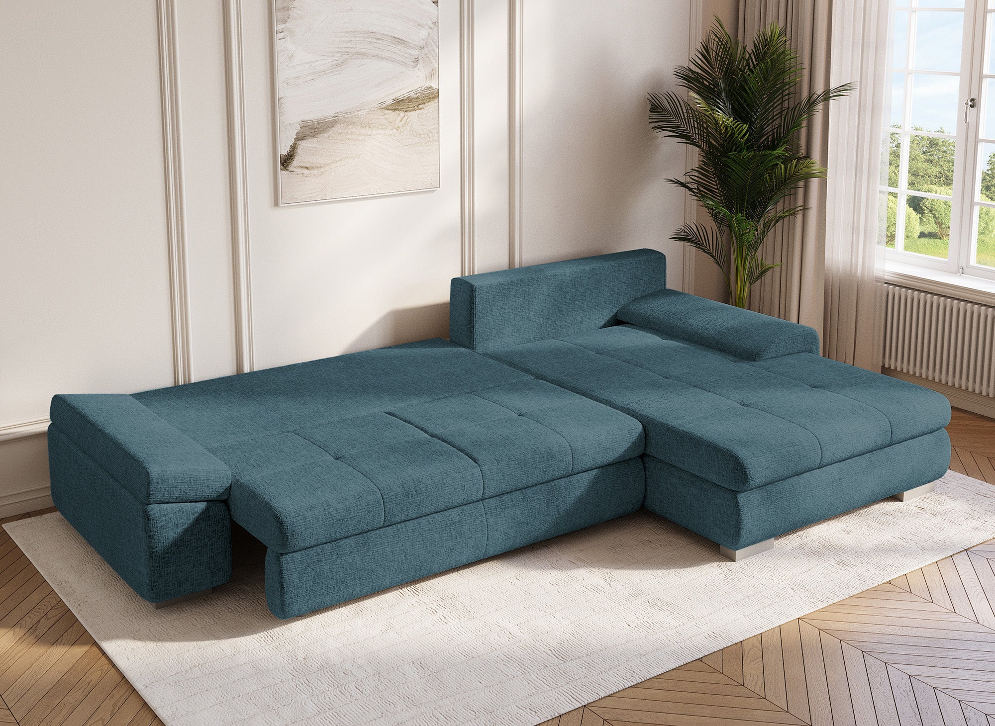 Sofá esquinero convertible reversible SOLEA con almacenaje en terciopelo azul petróleo jaspeado