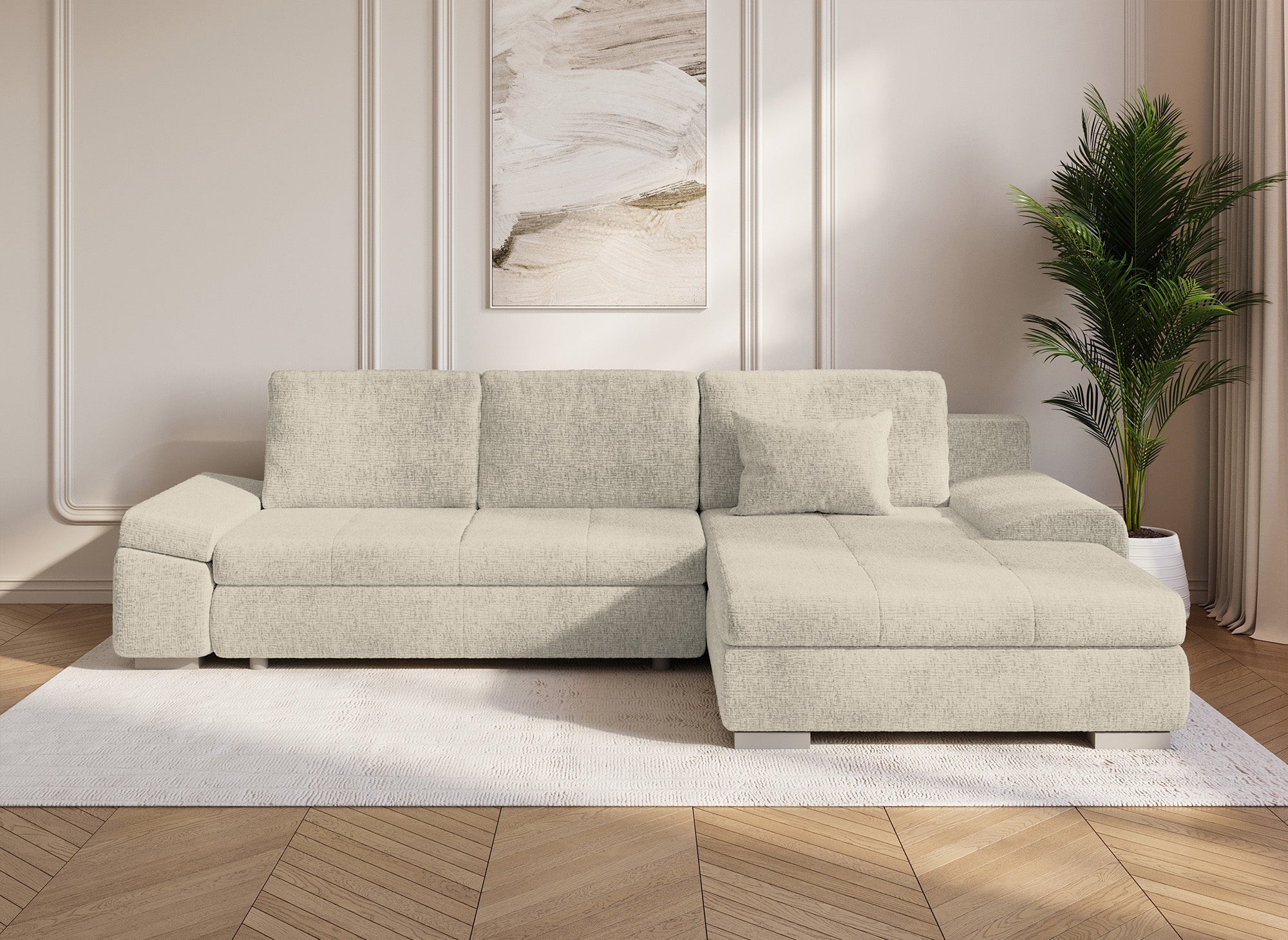 Sofá esquinero convertible reversible SOLEA con almacenaje en terciopelo jaspeado beige