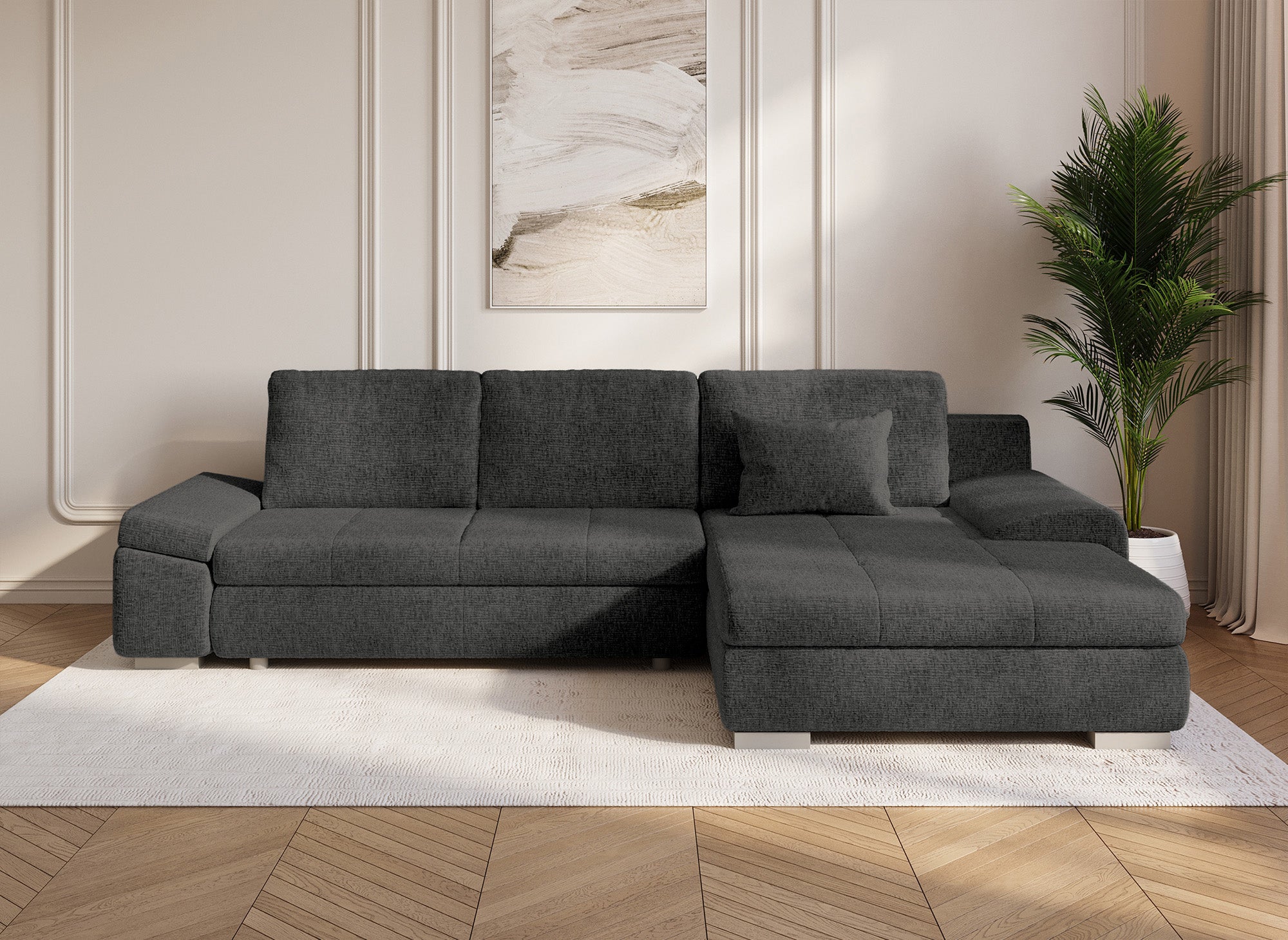 Sofá esquinero convertible reversible SOLEA con almacenaje en terciopelo gris jaspeado