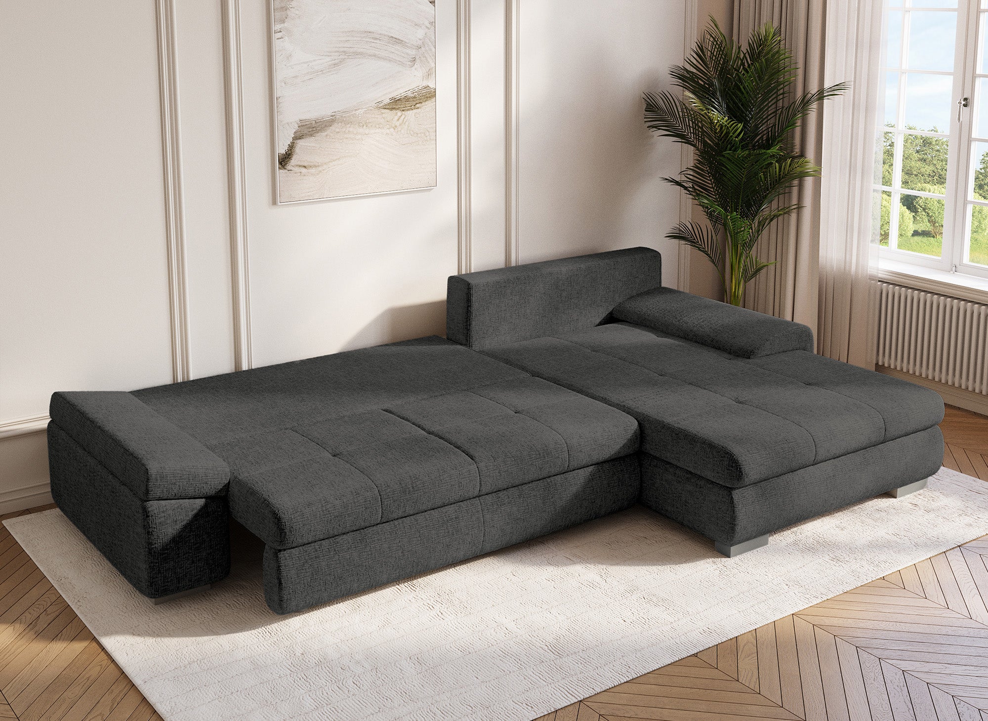 Sofá esquinero convertible reversible SOLEA con almacenaje en terciopelo gris jaspeado