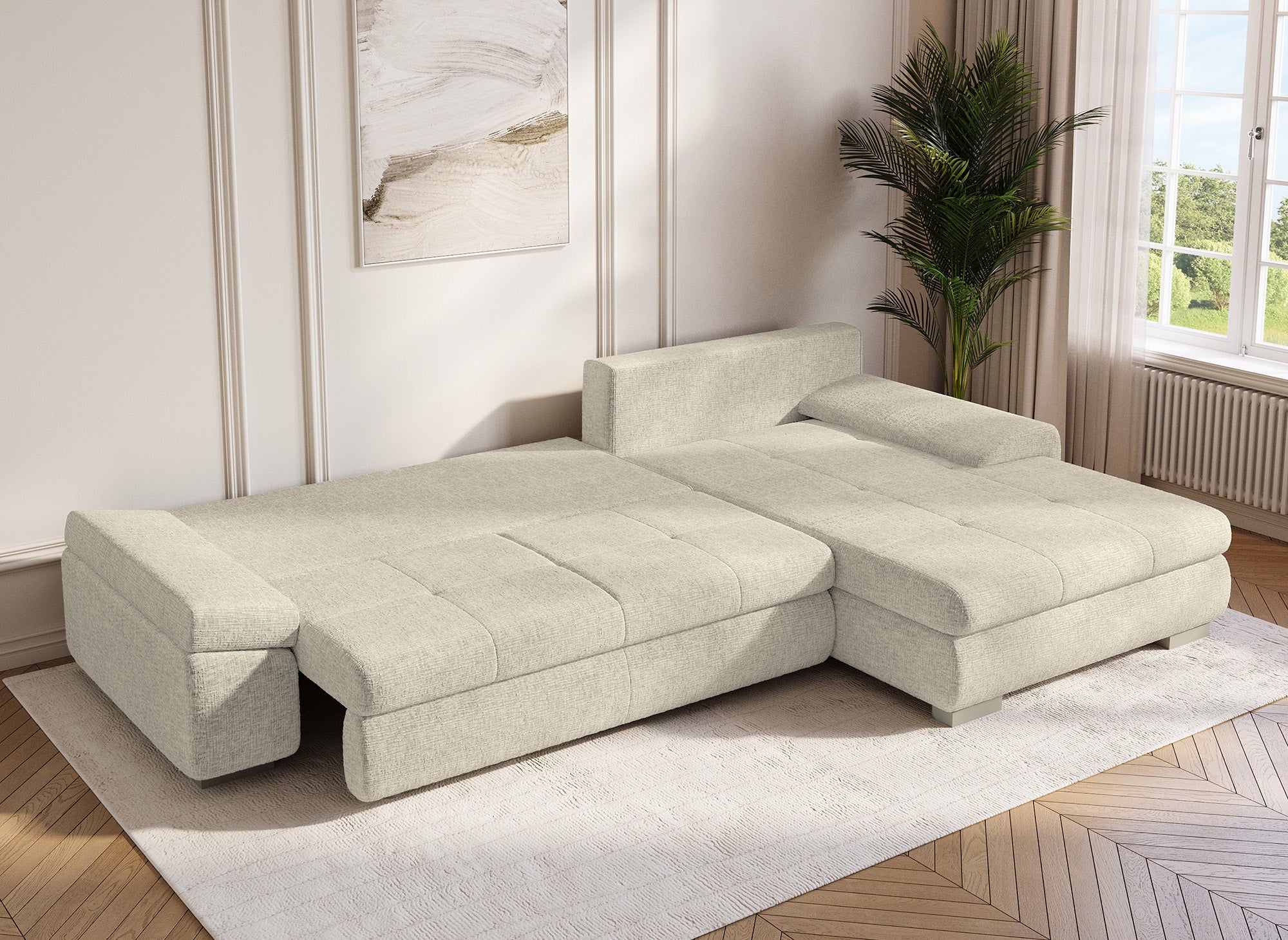 Sofá esquinero convertible reversible SOLEA con almacenaje en terciopelo jaspeado beige