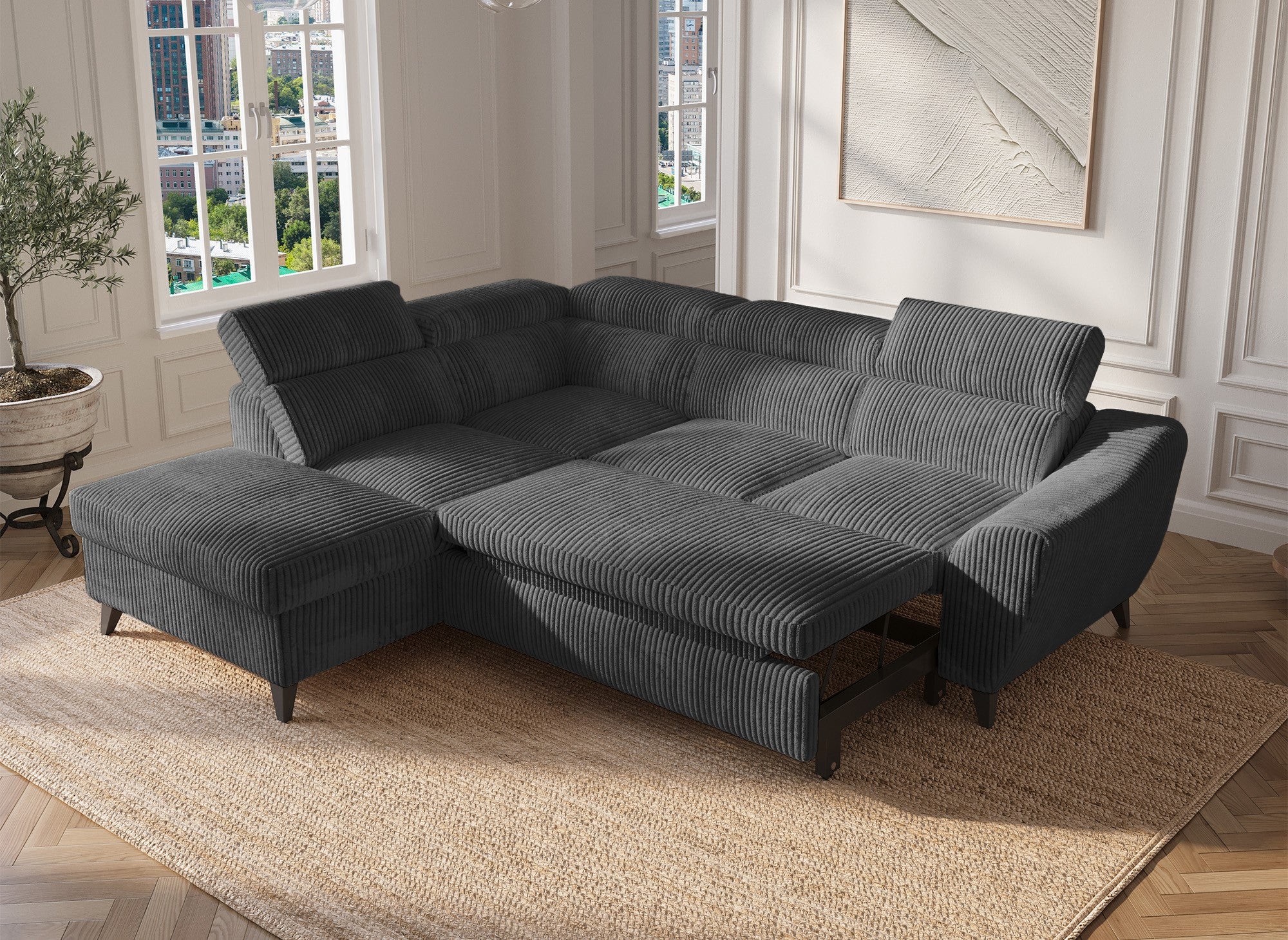 Sofá cama esquinero DALTON con almacenaje en pana gris gruesa - Esquina izquierda