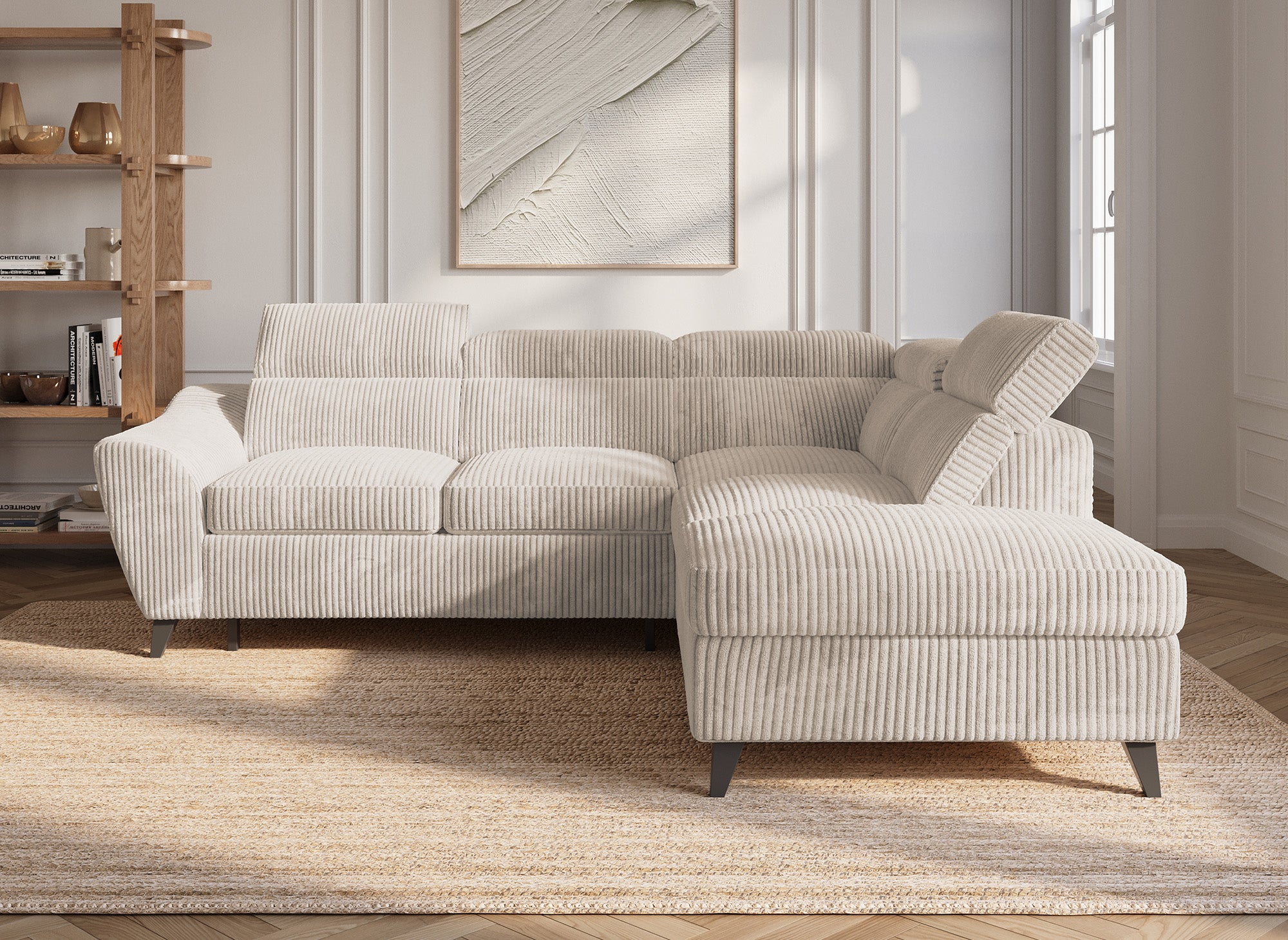 Sofá esquinero convertible DALTON con almacenaje en pana gruesa color beige - Esquinero derecho