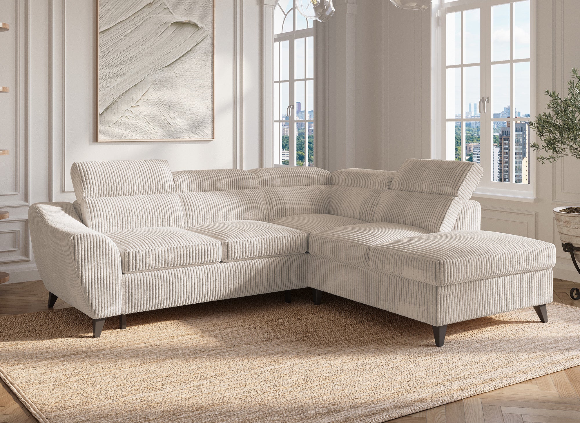 Sofá esquinero convertible DALTON con almacenaje en pana gruesa color beige - Esquinero derecho