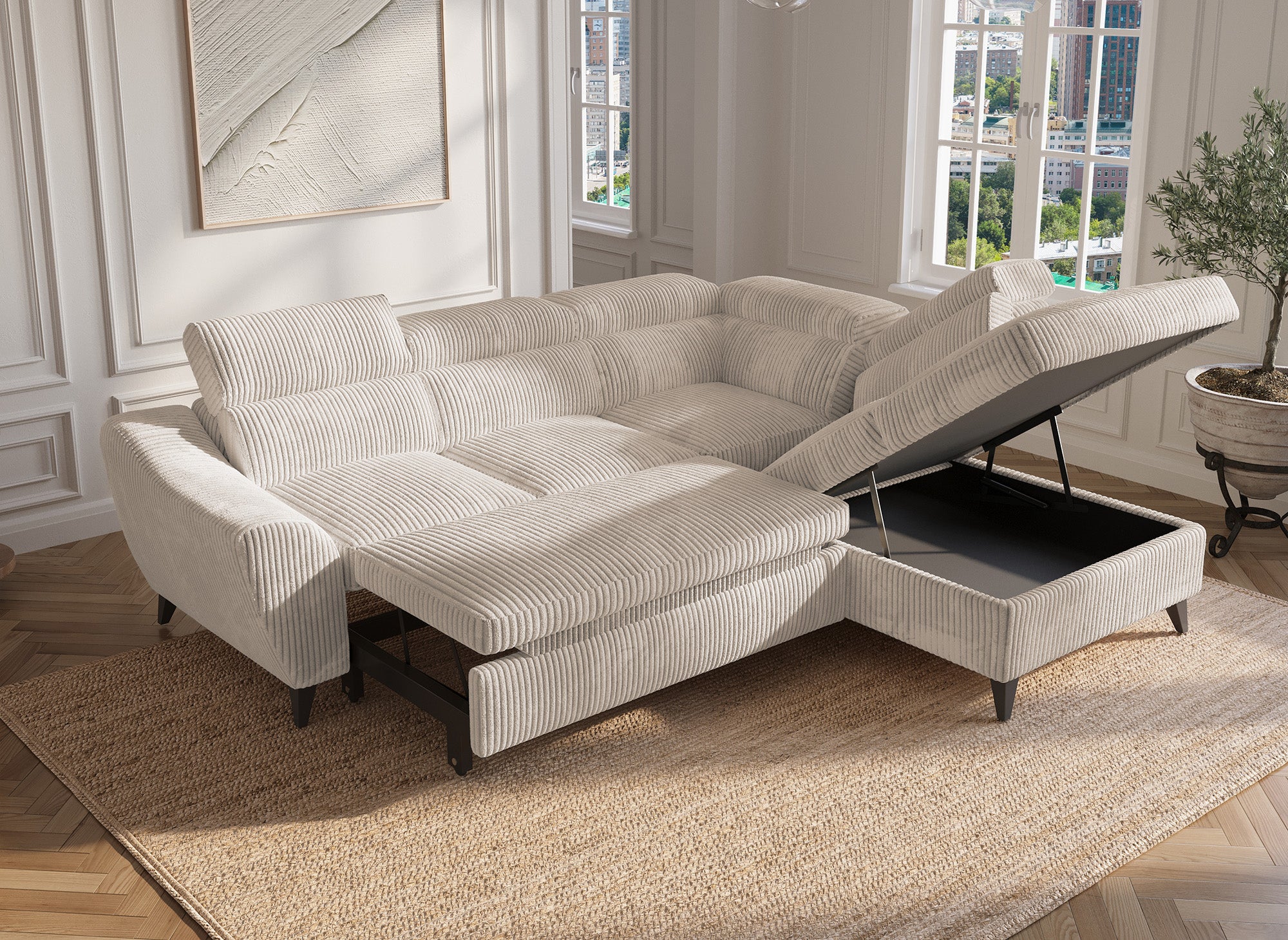 Sofá esquinero convertible DALTON con almacenaje en pana gruesa color beige - Esquinero derecho