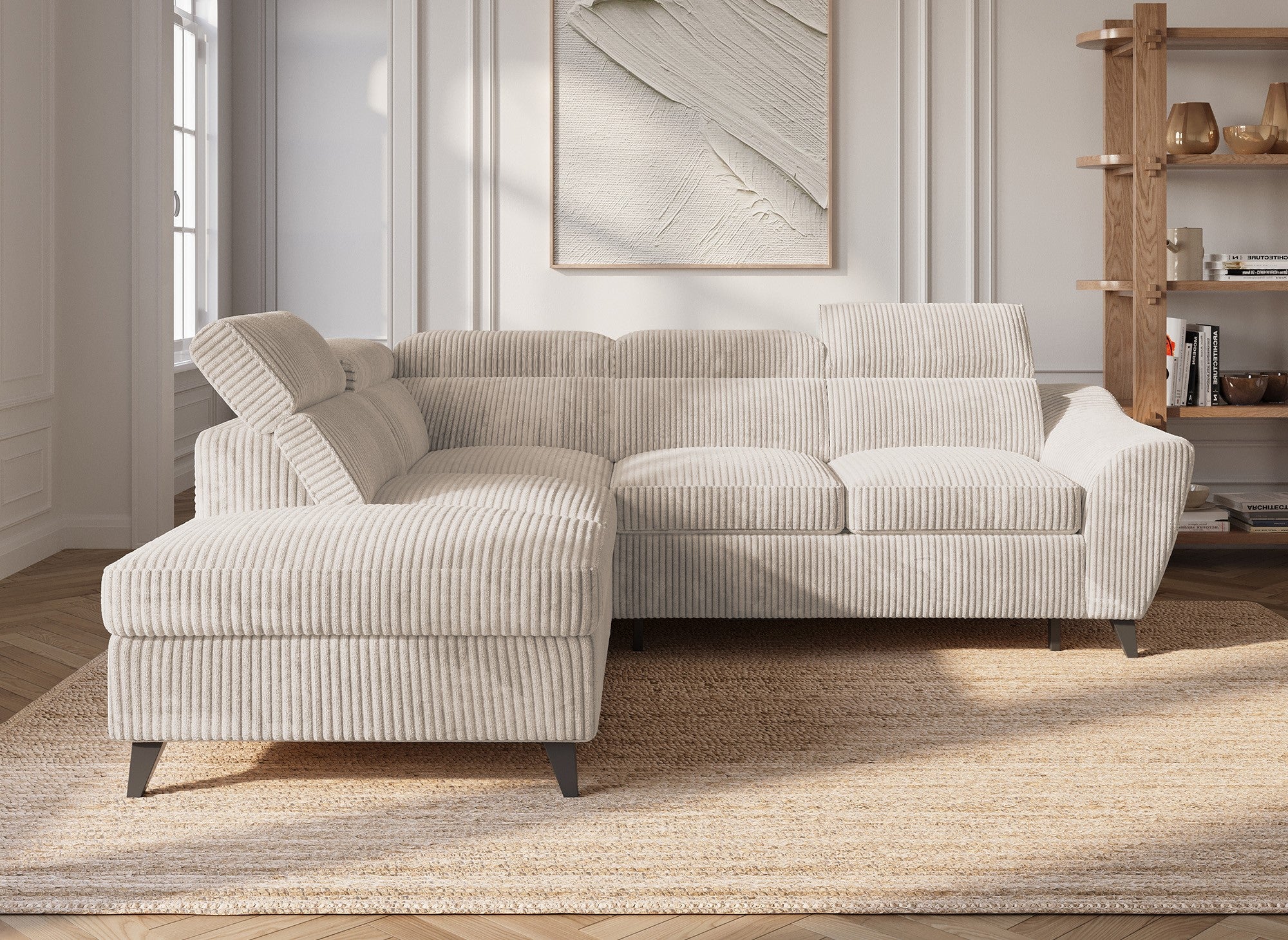 Sofá cama esquinero DALTON con almacenaje en pana gruesa color beige - Esquina izquierda