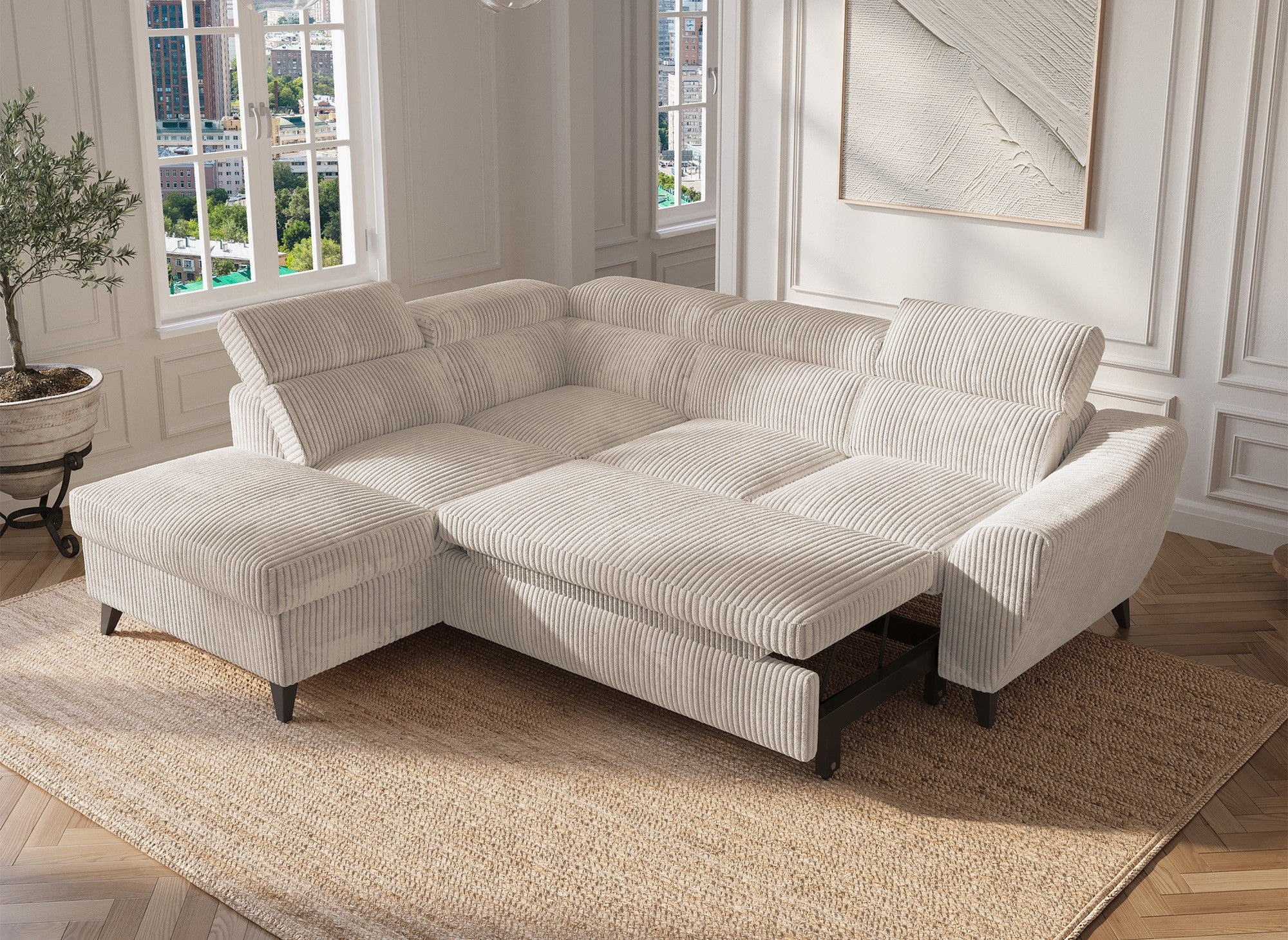 Sofá cama esquinero DALTON con almacenaje en pana gruesa color beige - Esquina izquierda