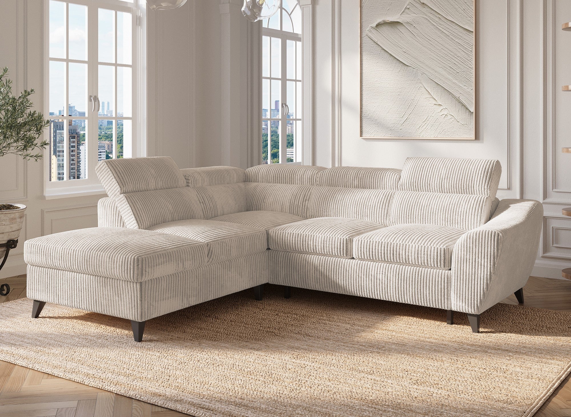 Sofá cama esquinero DALTON con almacenaje en pana gruesa color beige - Esquina izquierda