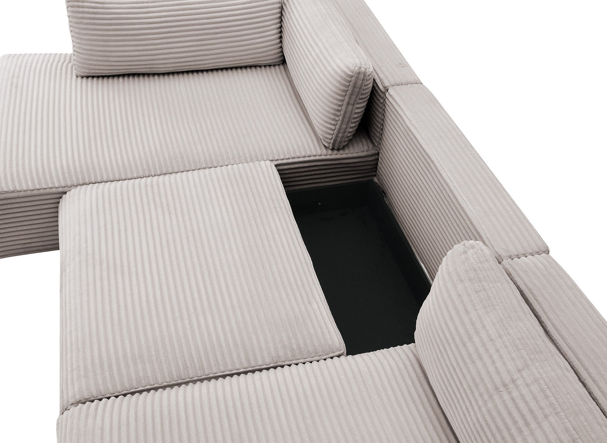 Sofá cama panorámico convertible TILDA con almacenaje en terciopelo de pana color topo - Esquina izquierda