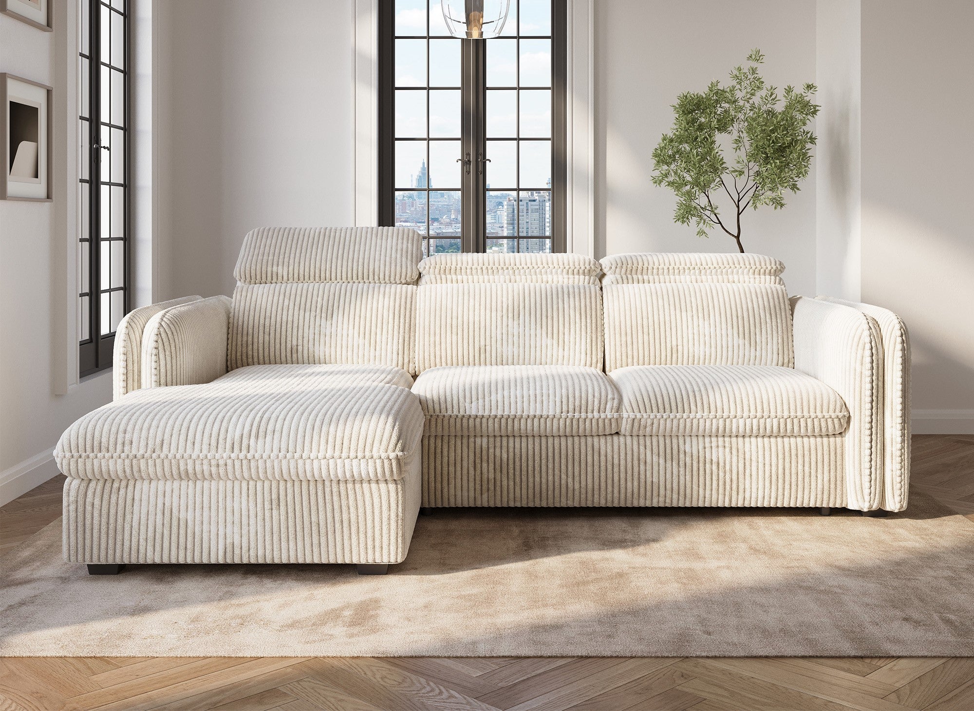 Sofá cama esquinero ISABELLA en pana gruesa color beige - Esquina izquierda