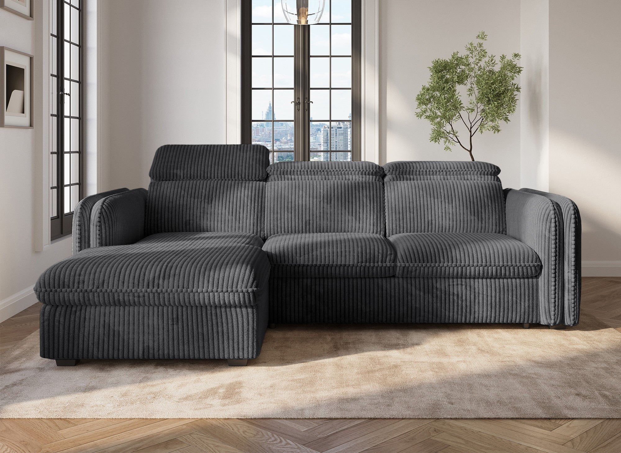 Sofá cama esquinero ISABELLA en pana gris gruesa - Esquina izquierda
