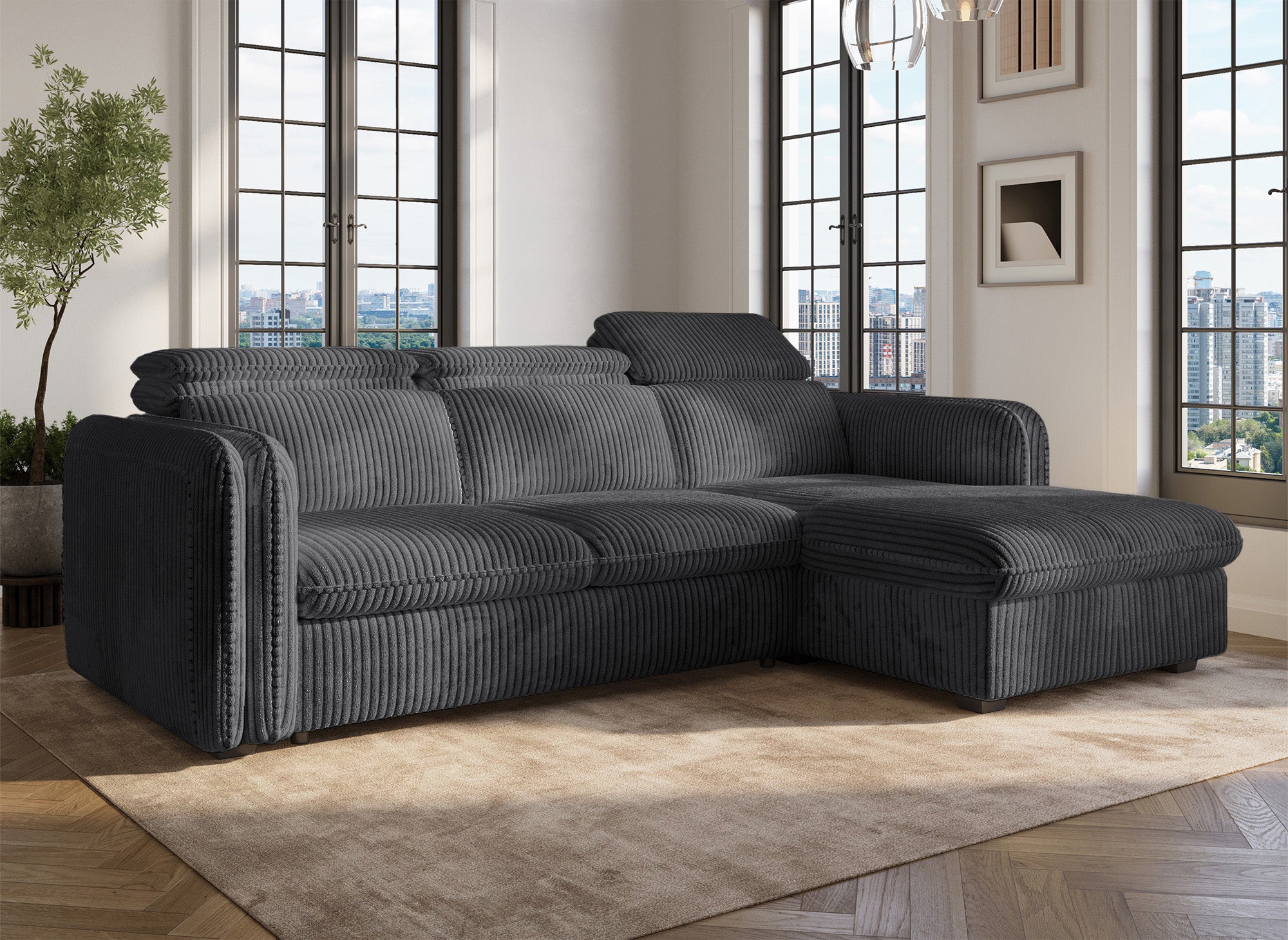 Sofá cama esquinero ISABELLA en pana gris gruesa - Esquina derecha