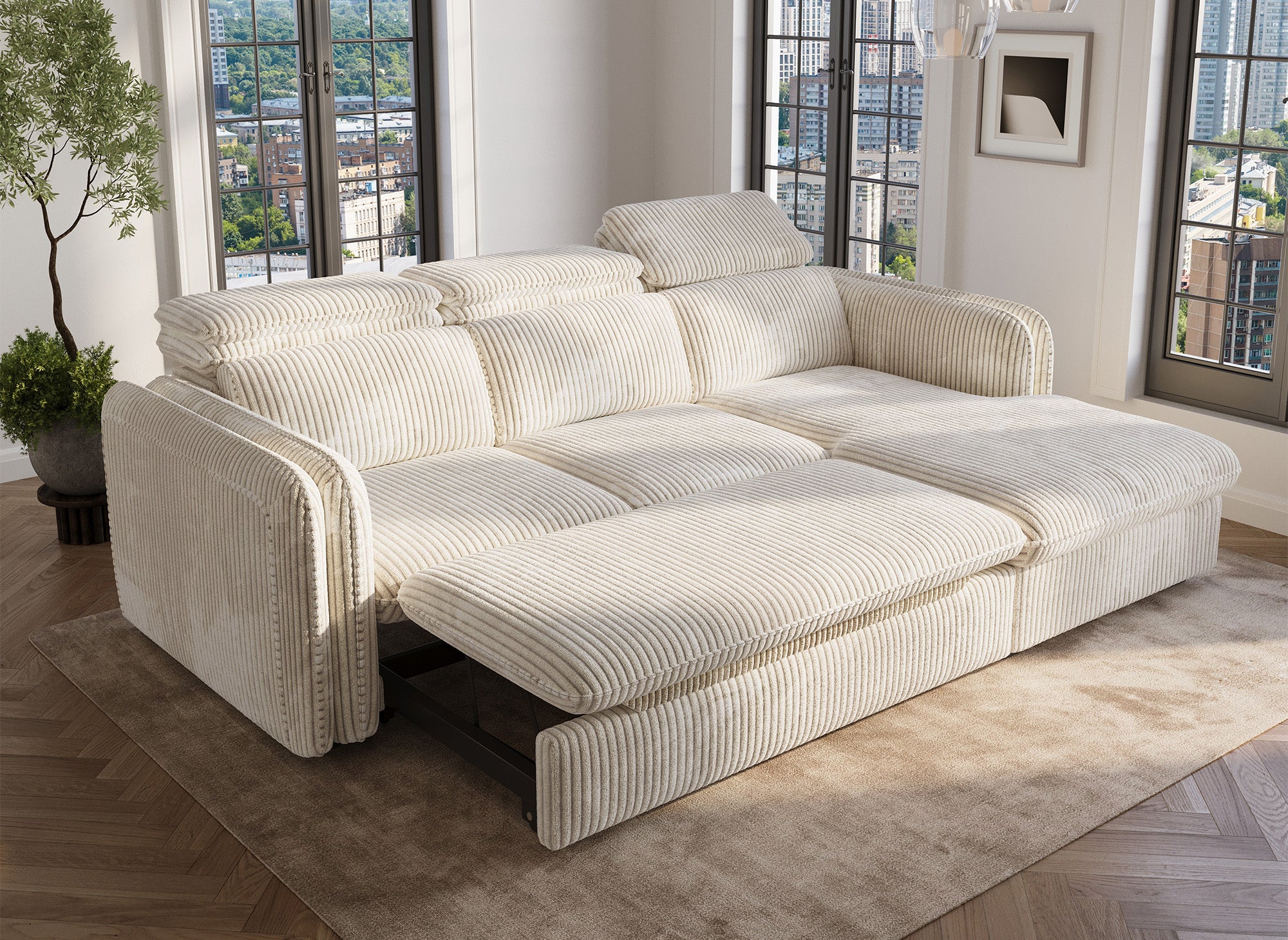 Sofá cama esquinero ISABELLA de pana gruesa color beige - Esquina derecha