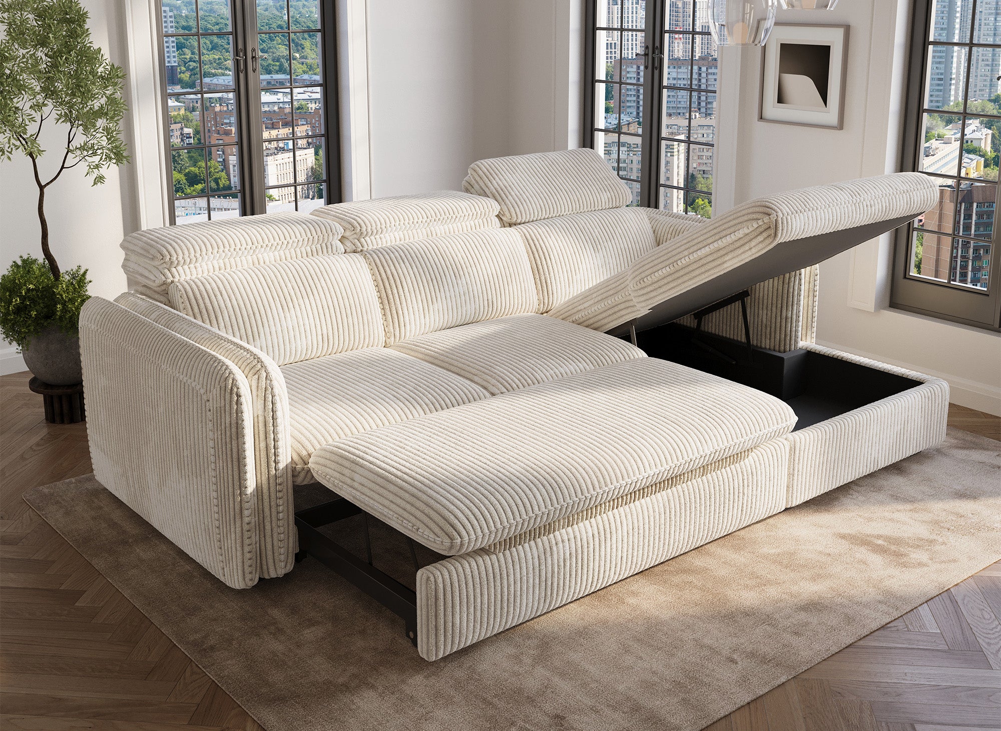 Sofá cama esquinero ISABELLA de pana gruesa color beige - Esquina derecha