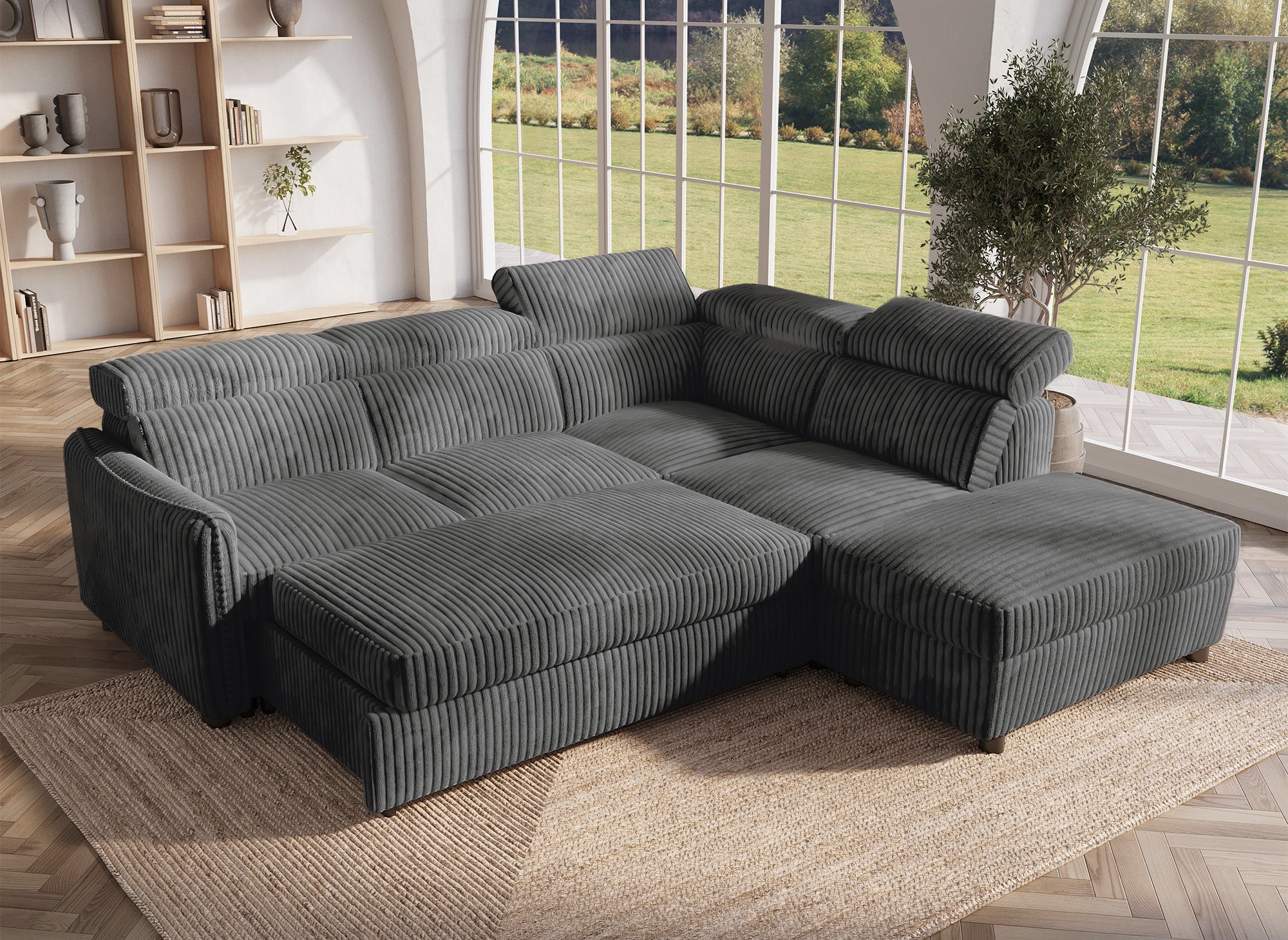 Sofá cama esquinero NAIROBI en pana gris gruesa - Esquina derecha