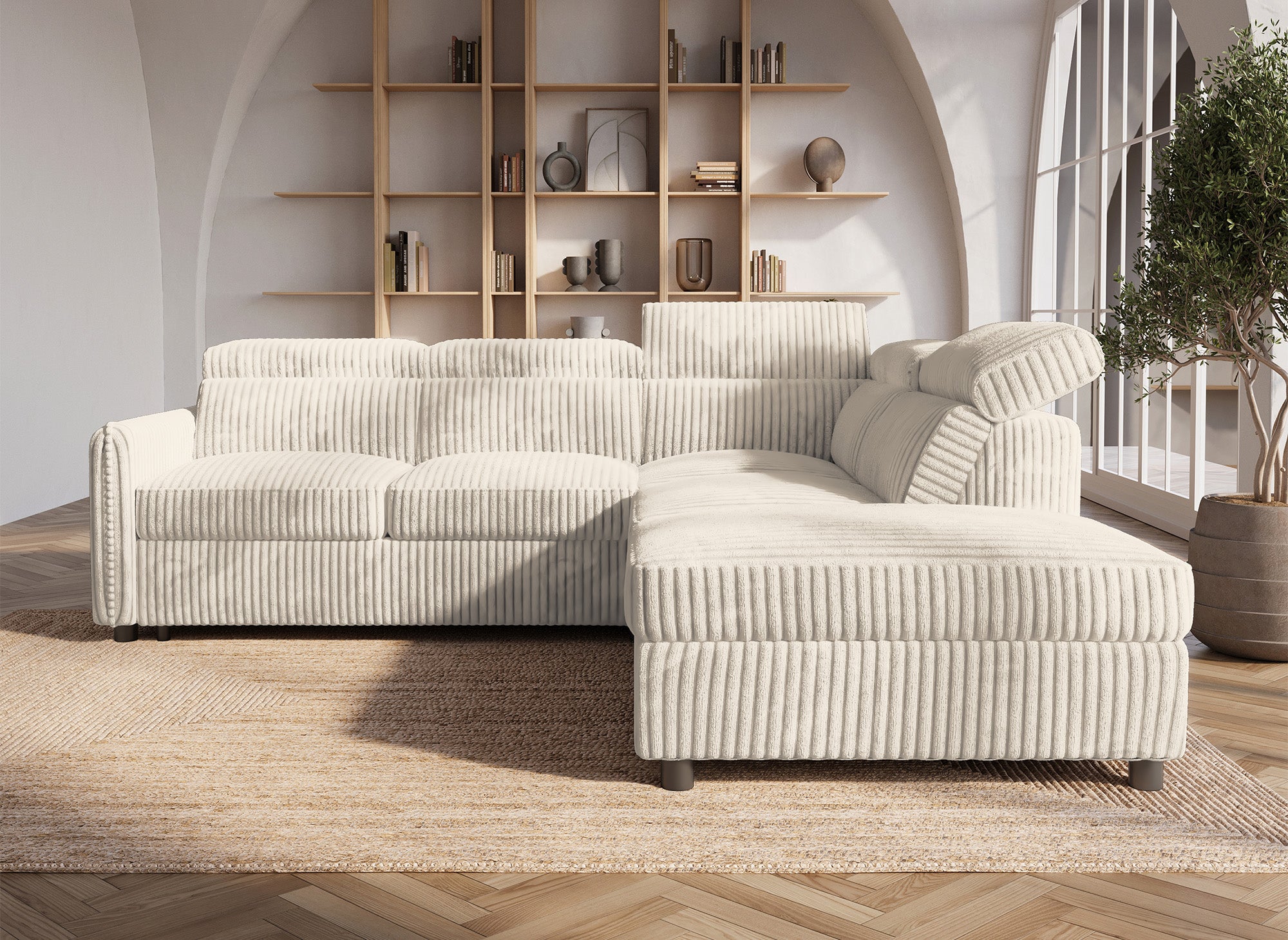 Sofá cama esquinero NAIROBI de pana gruesa color beige - Esquina derecha