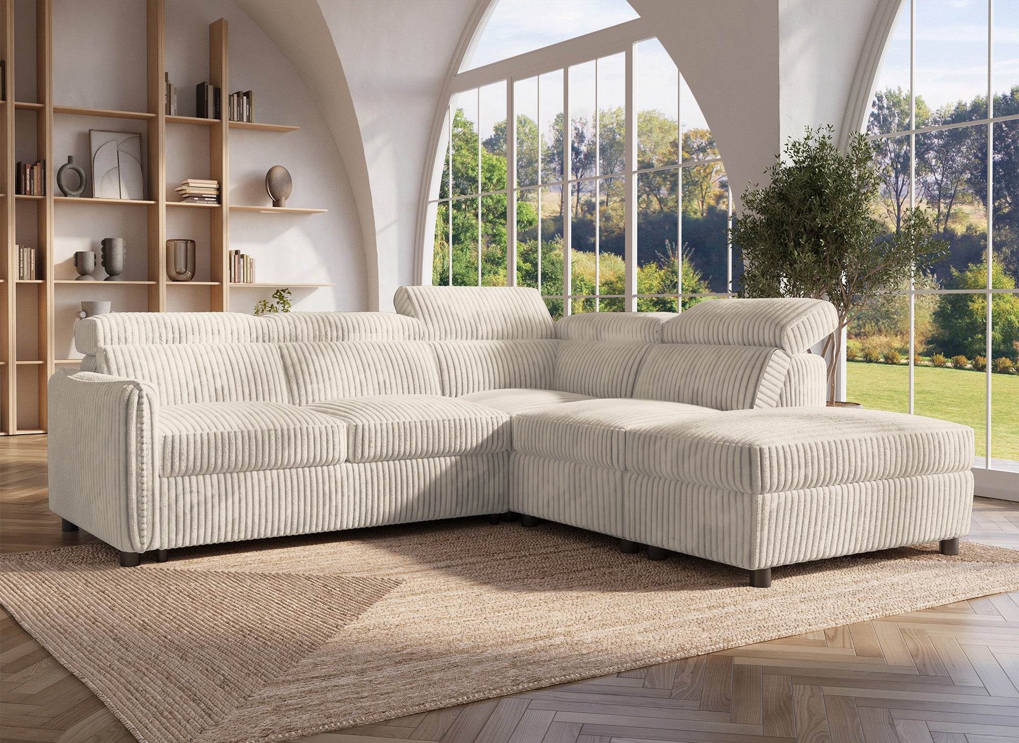 Sofá cama esquinero NAIROBI de pana gruesa color beige - Esquina derecha