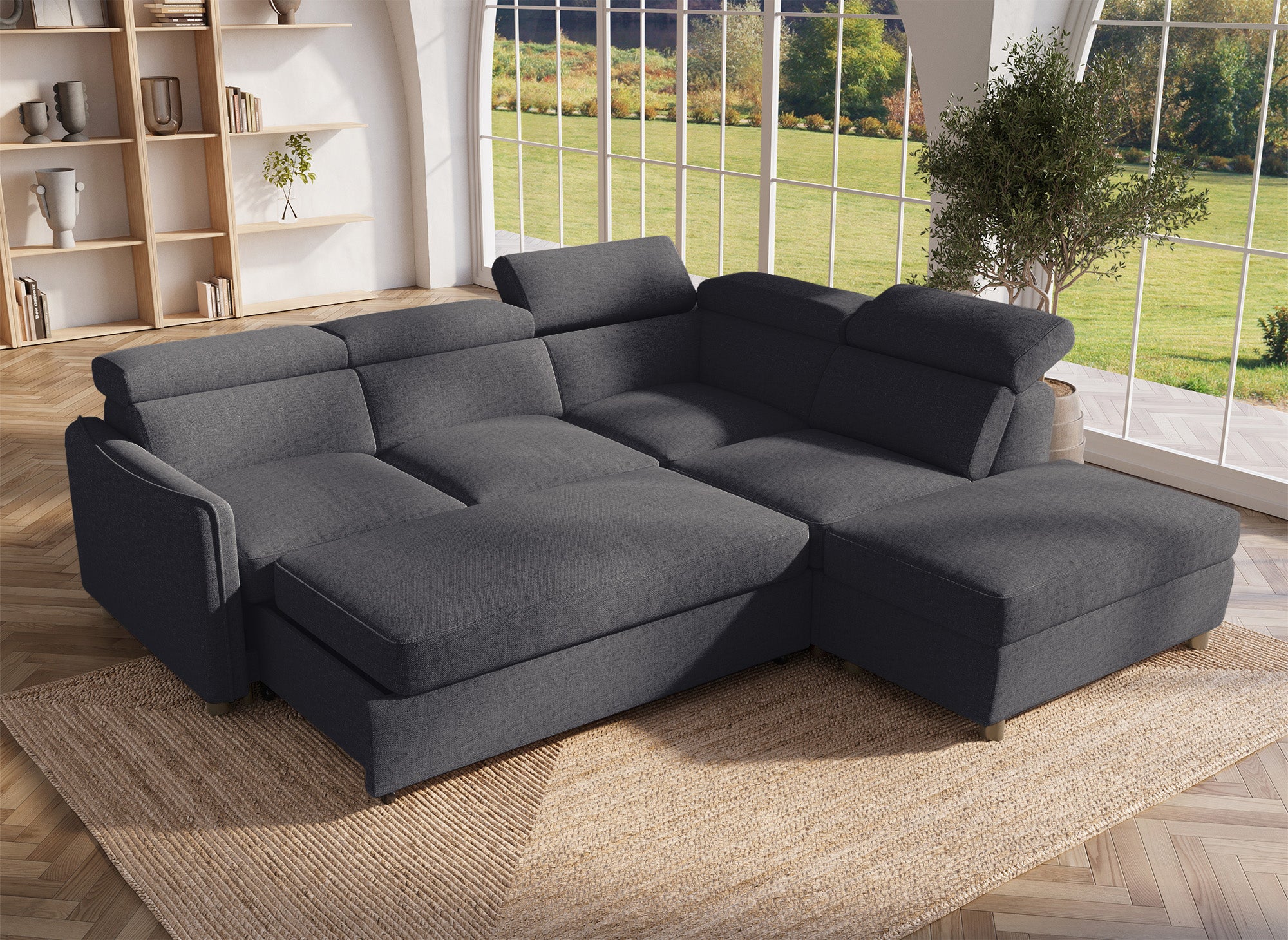 Sofá cama esquinero NAIROBI de tela gris - Esquina derecha