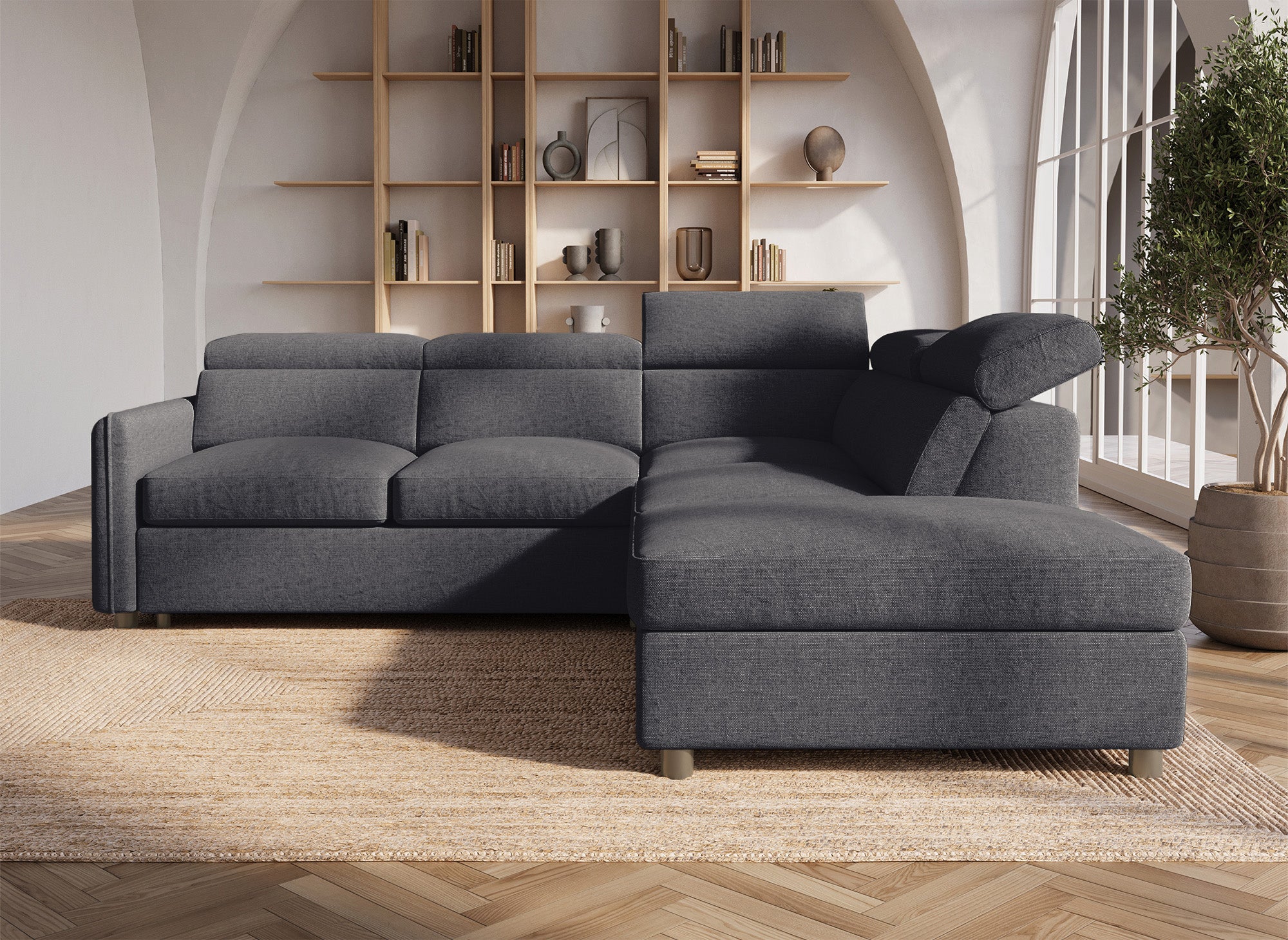 Sofá cama esquinero NAIROBI de tela gris - Esquina derecha