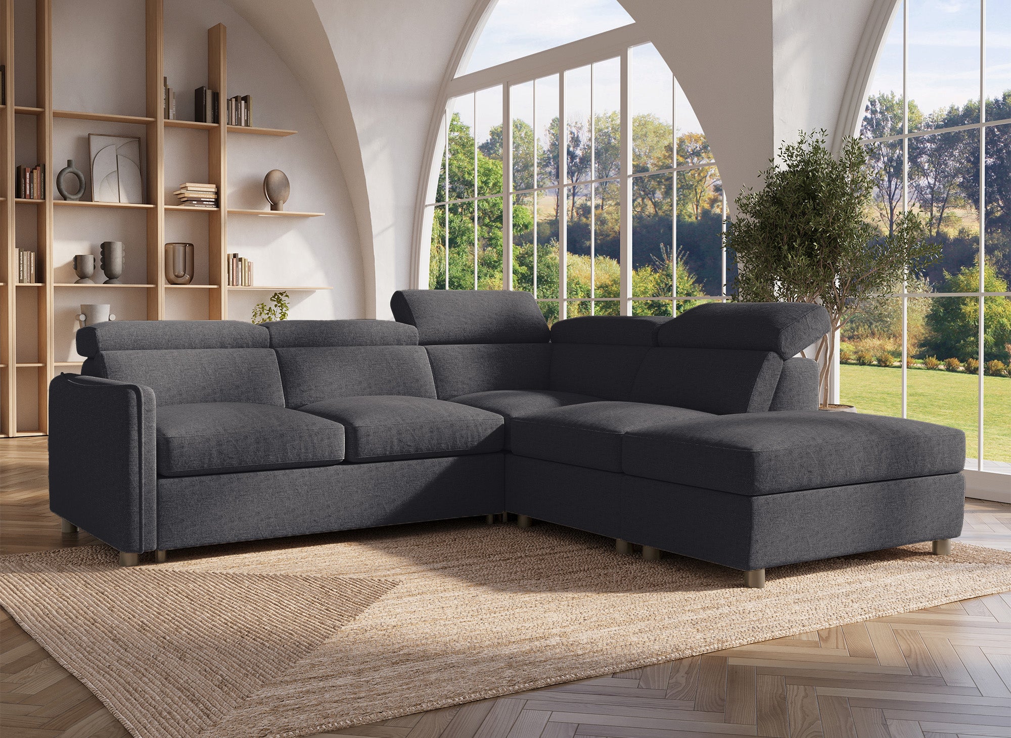 Sofá cama esquinero NAIROBI de tela gris - Esquina derecha