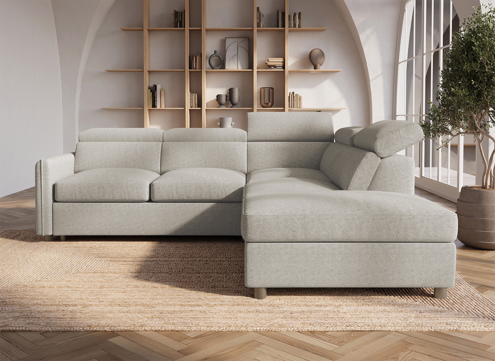 Sofá cama esquinero NAIROBI de tela beige - Esquina derecha