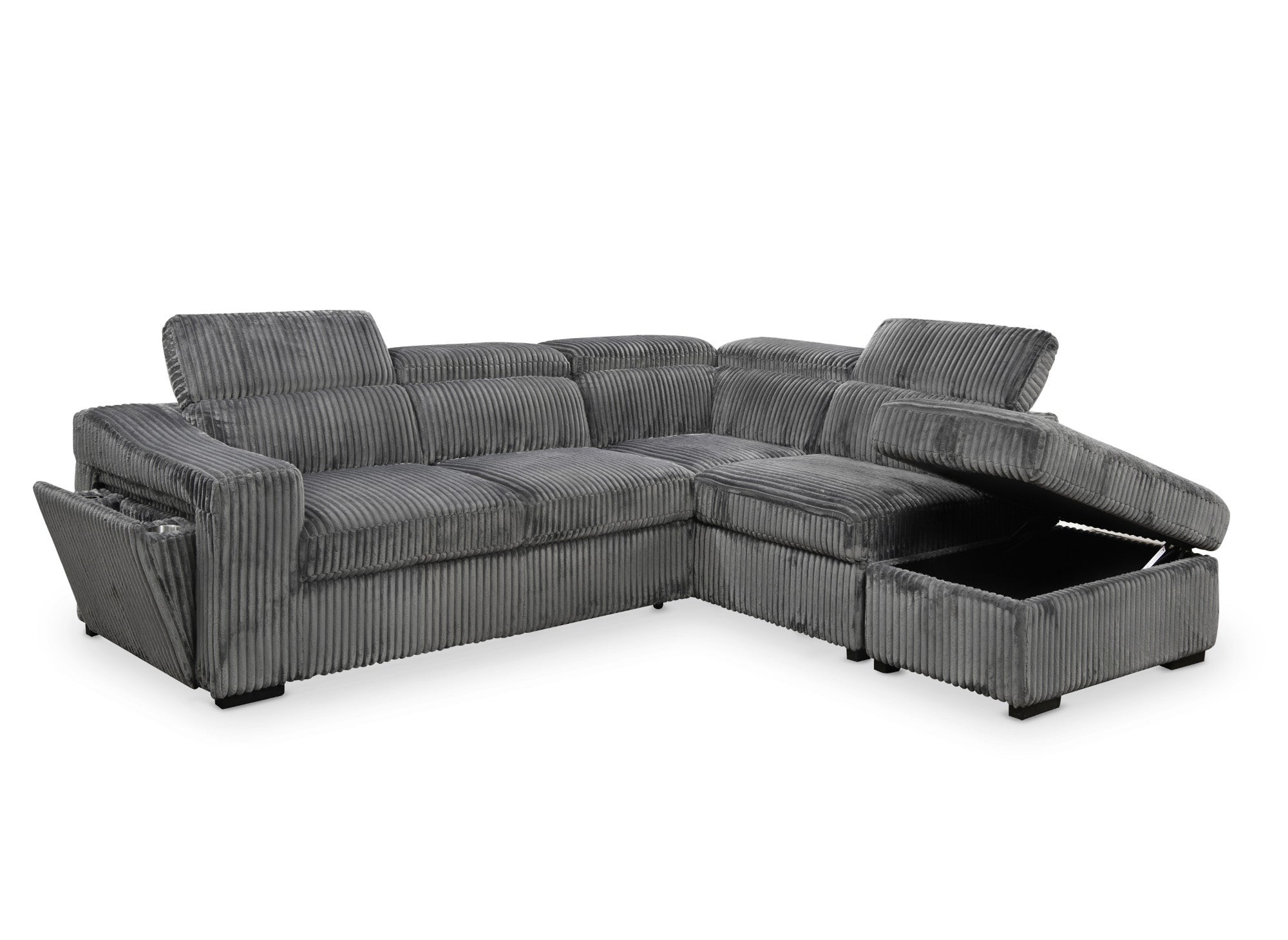 Sofá cama esquinero MARTY con almacenaje en pana gris - Esquina derecha