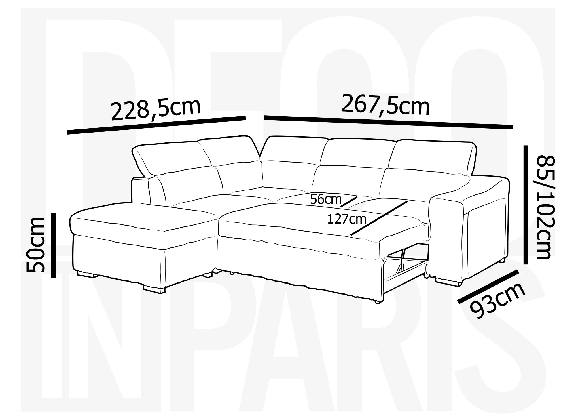 Sofá cama esquinero MARTY con almacenaje en terciopelo de pana beige - Esquina izquierda